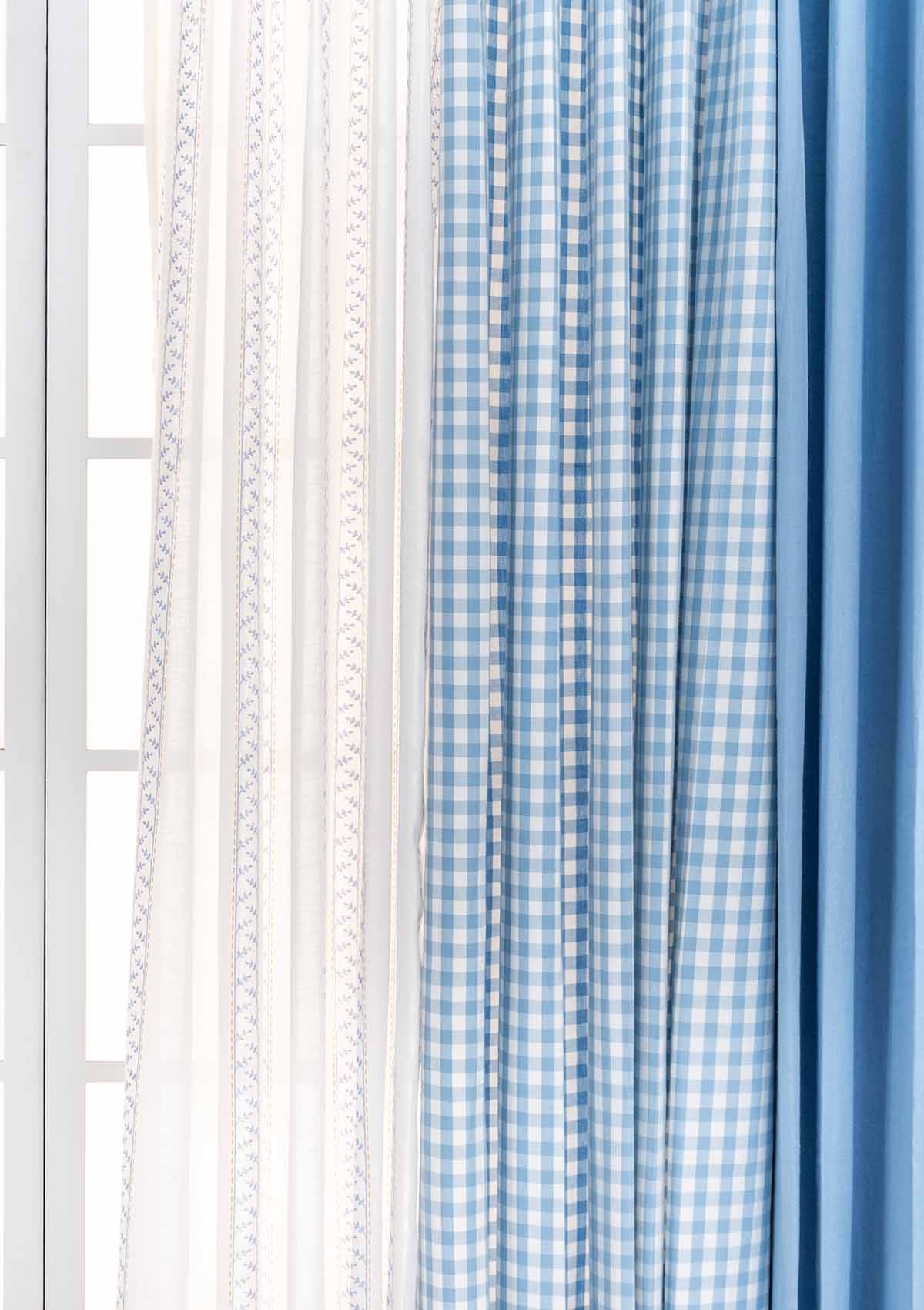 Powder blue gingham with oriental stripes Set Of 3 Combo Cotton Curtain - Blue And White