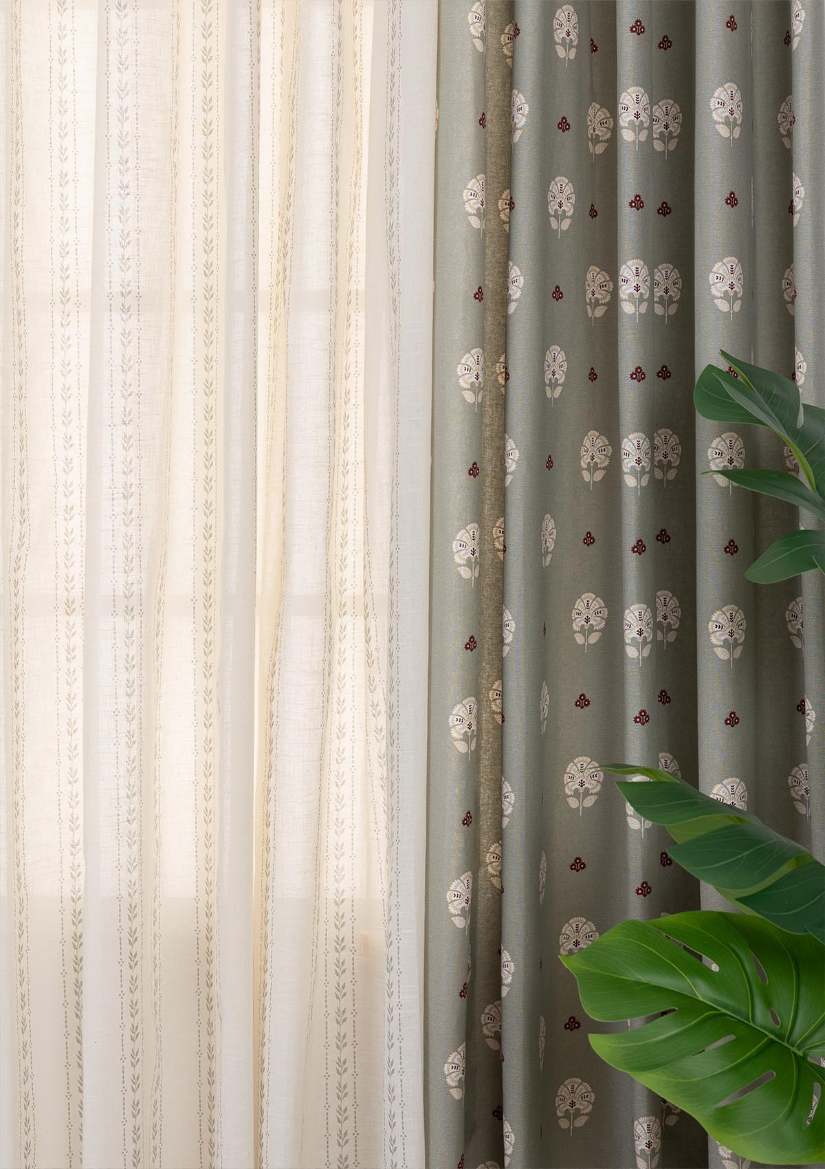 Gulnaar Printed Cotton Room Darkening & Juniper Printed Sheer Light Reduction | Green | 100% Cotton for Living Room & Bedroom | Ethnic & Floral | Combo Curtains | Pack of 4