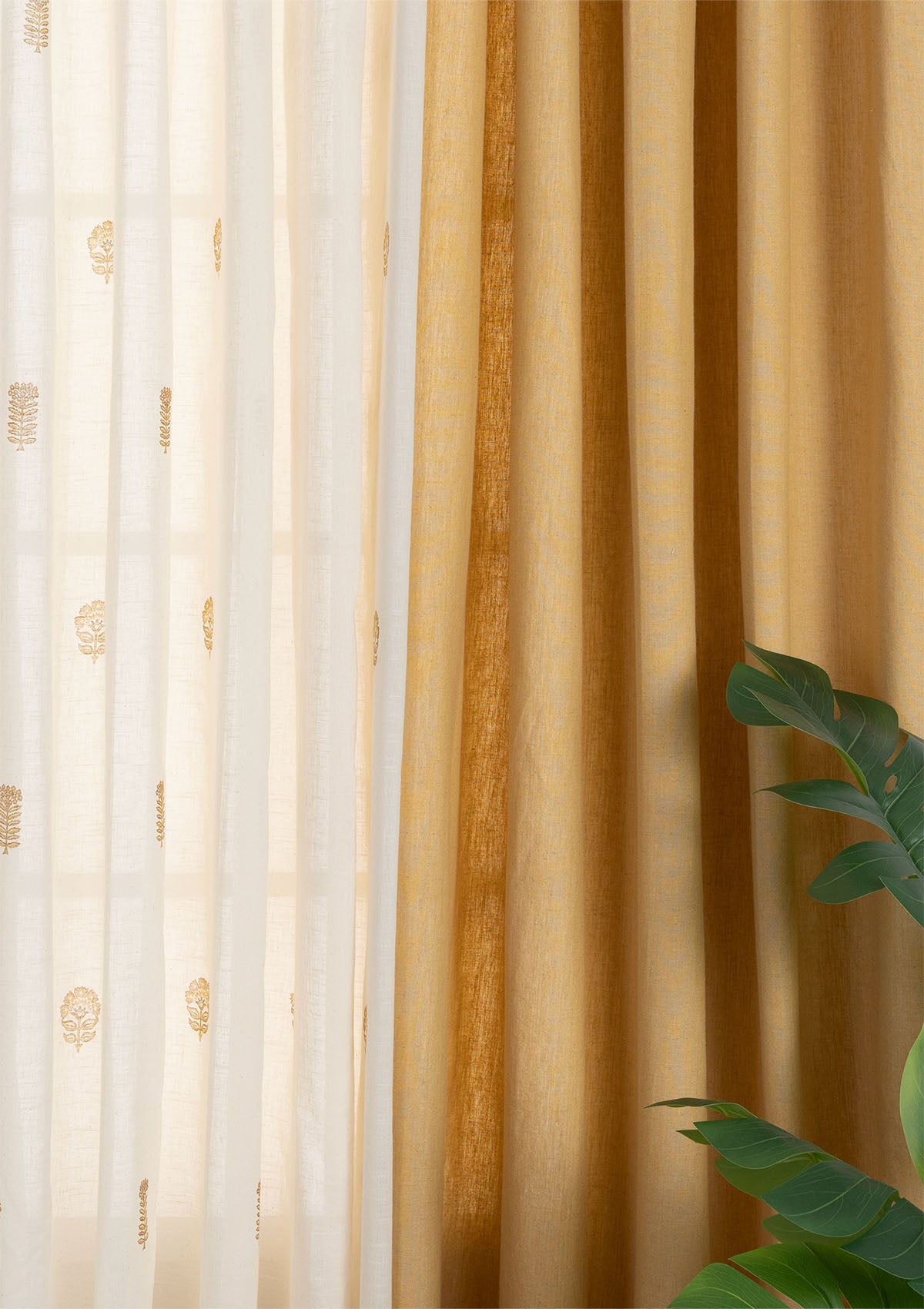 Honey Solid Linen Cotton Room Darkening & Baagh Printed Sheer Light Filtering | Yellow & Mustard | 100% Cotton for Living Room & Bedroom | Ethnic | Combo Curtains | Pack of 4