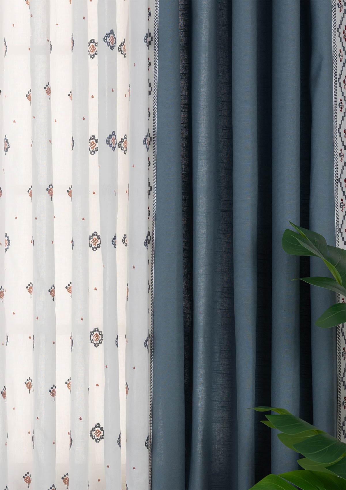 Ketaki Embroidered Cotton Room Darkening & Ira Embroidered Sheer Light Filtering | Mist Blue & Pink | 100% Cotton for Living Room & Bedroom | Geometric & Ethnic | Combo Curtains | Pack of 4