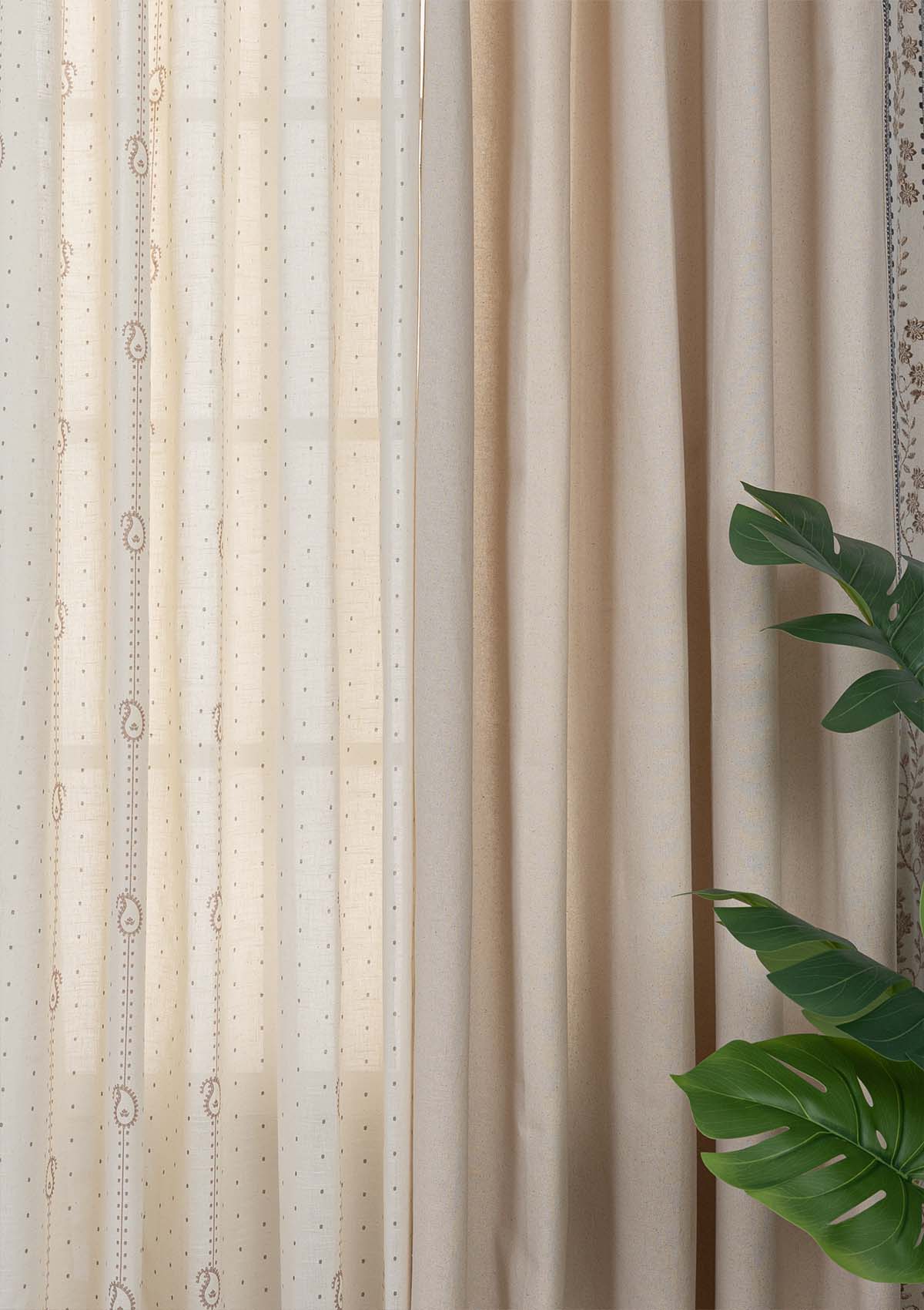 Mogra Embroidered Cotton Light Reduction & Ambi Printed Sheer Light Filtering | Beige & Brown| 100% Cotton for Living Room & Bedroom | Floral & Ethnic | Combo Curtains | Pack of 4