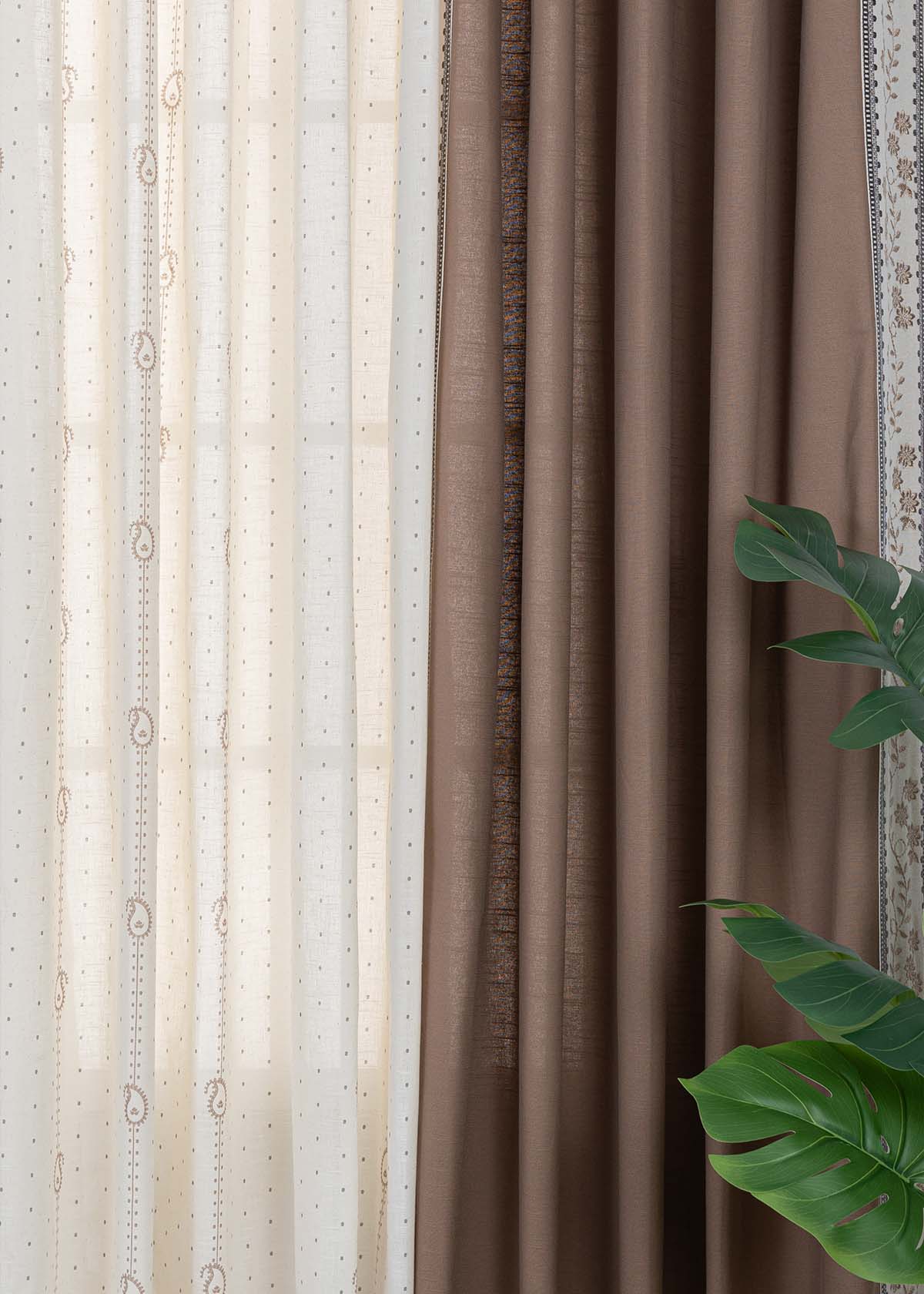 Mogra Embroidered Cotton Room Darkening & Ambi Printed Sheer Light Filtering | Brown & Grey | 100% Cotton for Living Room & Bedroom | Floral & Ethnic | Combo Curtains | Pack of 4