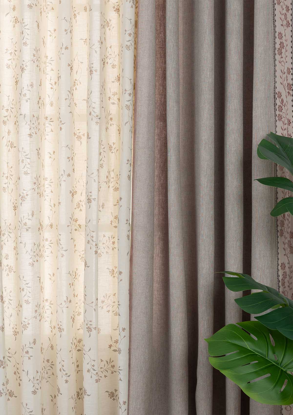 Mogra Embroidered Linen Cotton Room Darkening & Field Printed Sheer Room Darkening | Elephant Grey & Brown | 100% Cotton for Living Room & Bedroom | Floral | Combo Curtains | Pack of 4