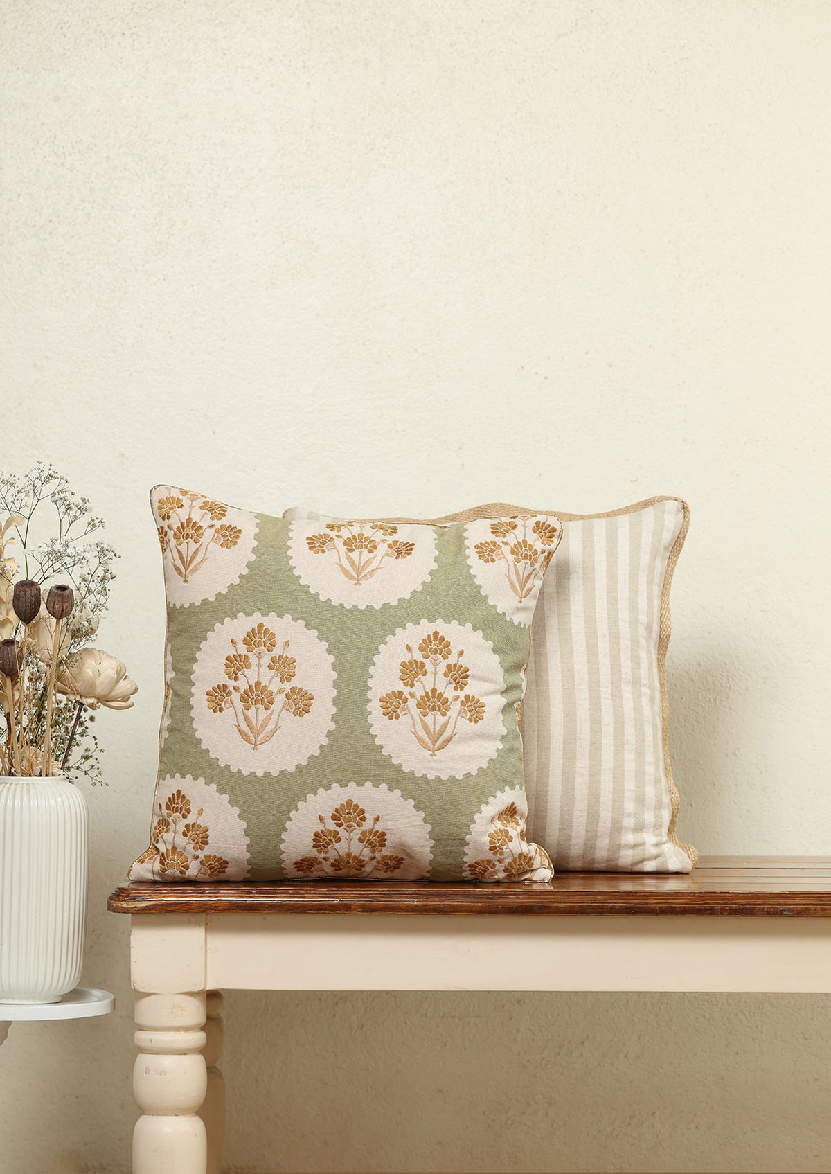 Nargis & Loom Green & Beige | Embroidered Linen Floral | 100% Cotton Cushion Cover For Sofa | Pack of 2