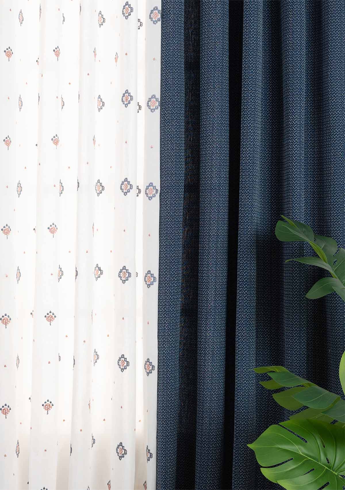 Pacific Textured Cotton Room Darkening & Ira Embroidered Sheer Light Filtering | Pink & Blue | 100% Cotton for Living Room & Bedroom | Ethnic | Combo Curtains | Pack of 4