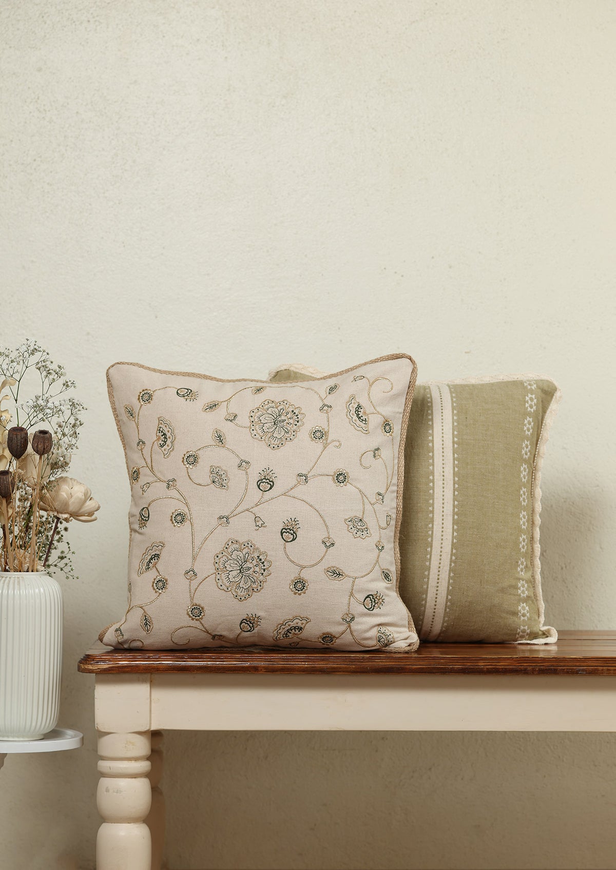 Valli & Bhumi Green & Gold | Embroidered Textured Floral | 100% Cotton Cushion Cover For Sofa | Pack of 2