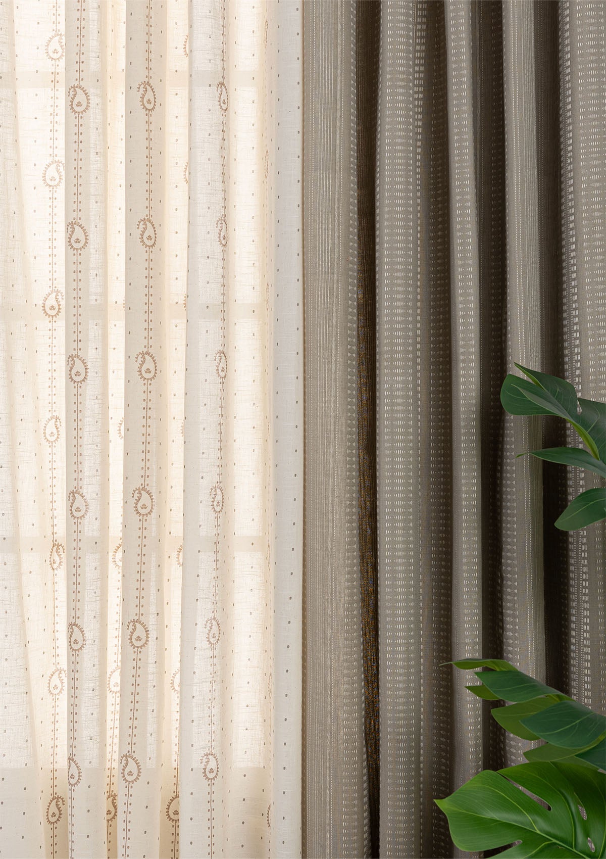 Zia Textured Cotton Room Darkening & Ambi Printed Sheer Light Filtering | Brown & Grey | 100% Cotton for Living Room & Bedroom | Neutral & Ethnic | Combo Curtains | Pack of 4