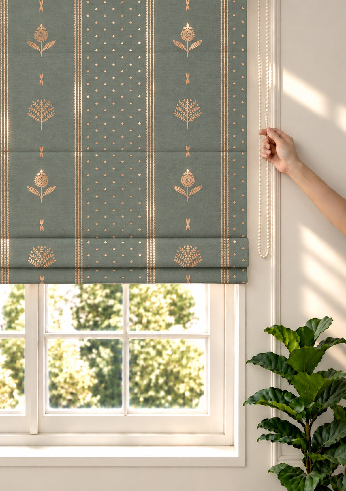 Iniya Green & Copper Ethnic 100% Cotton Printed Blind For Livingroom / Bedroom | Room Darkening