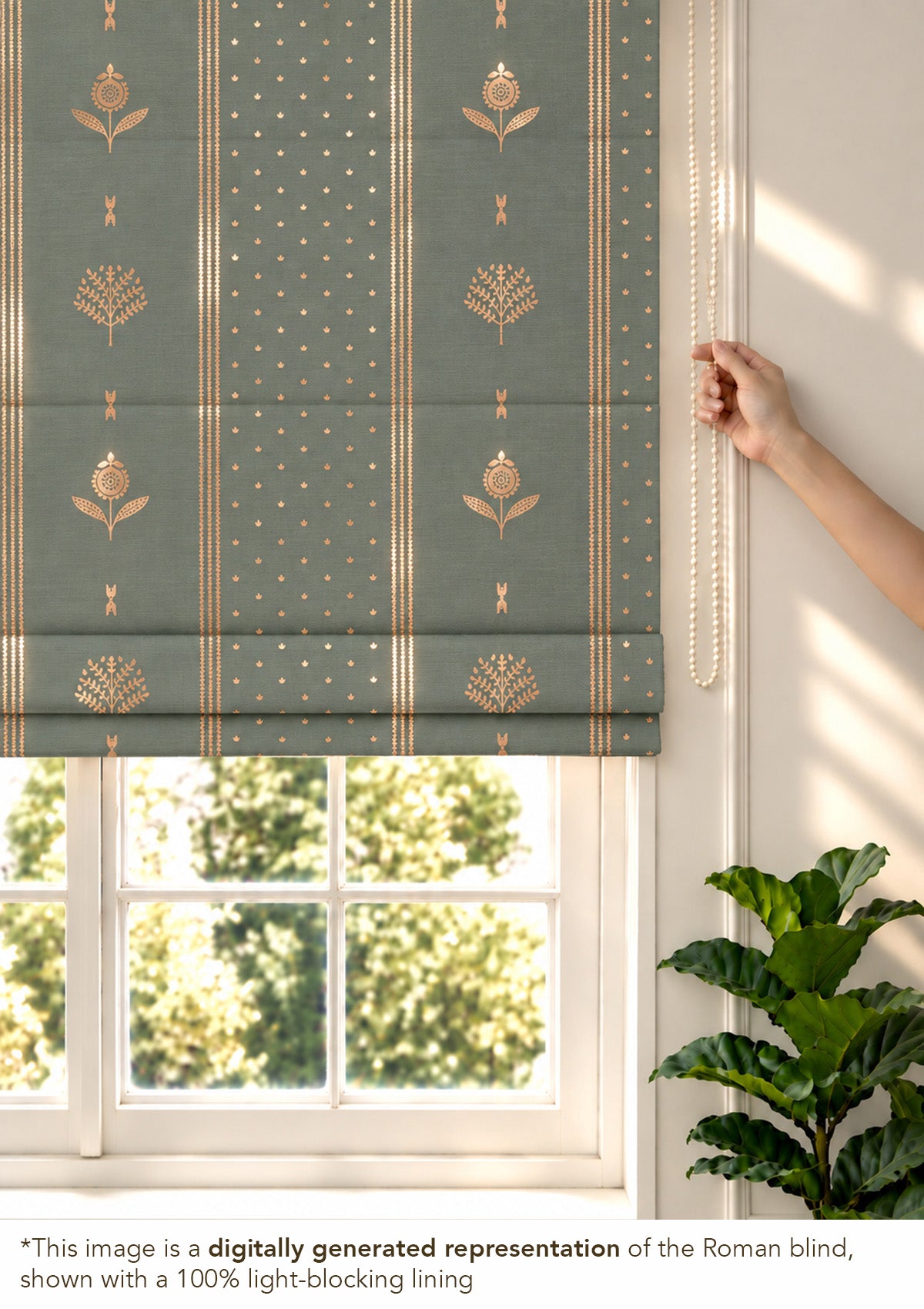 Iniya Green & Copper Ethnic 100% Cotton Printed Blind For Livingroom / Bedroom | Room Darkening