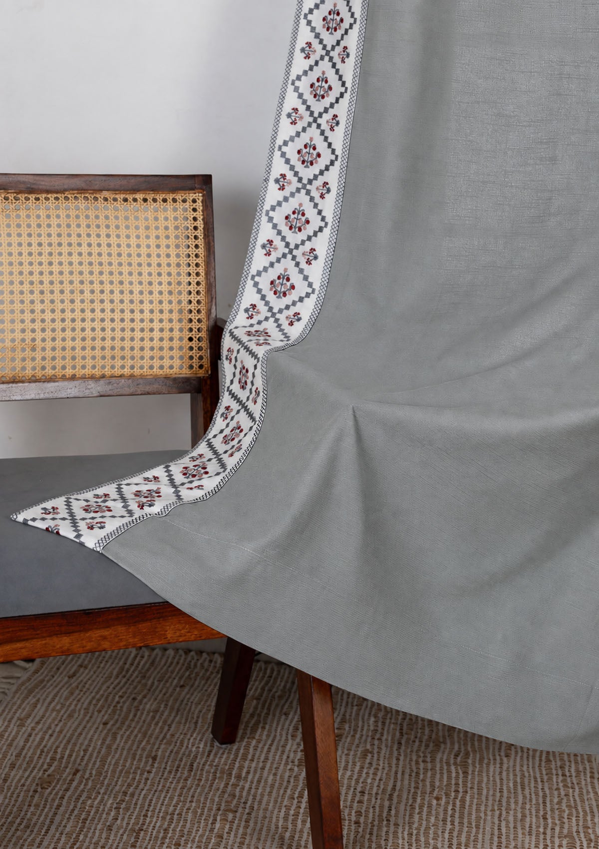 Ketaki Ultimate Grey & Blue Geometric 100% Cotton Embroidered Curtain For Livingroom / Bedroom | Room Darkening | Single Piece