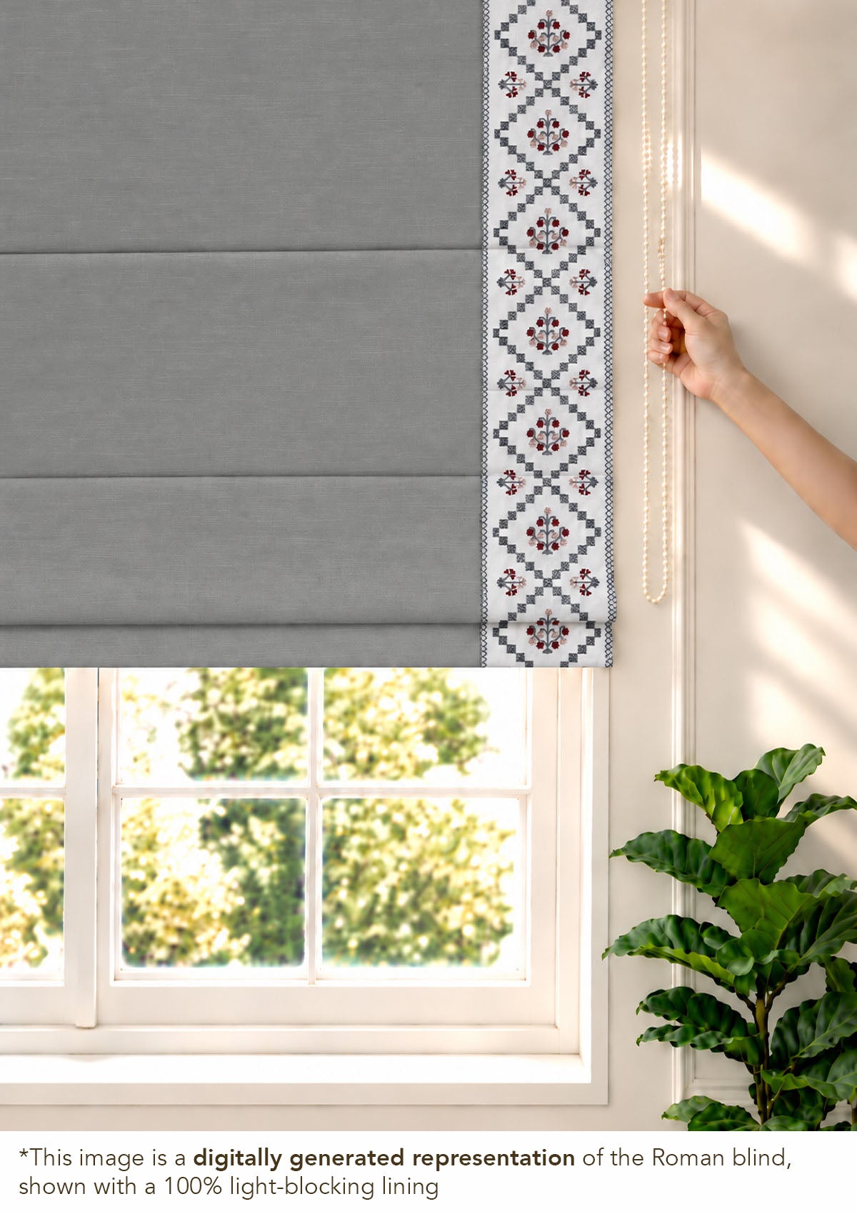 Ketaki Ultimate Grey & Blue Geometric 100% Cotton Embroidered Blind For Livingroom / Bedroom | Room Darkening