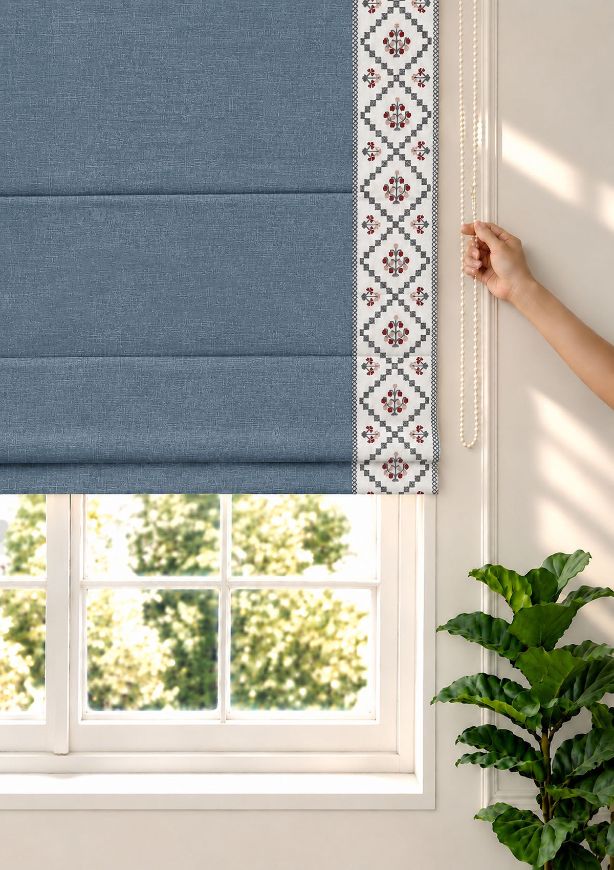 Ketaki Nilgiri Blue & Pink Geometric Linen Cotton Blend Embroidered Blind For Livingroom / Bedroom | Room Darkening