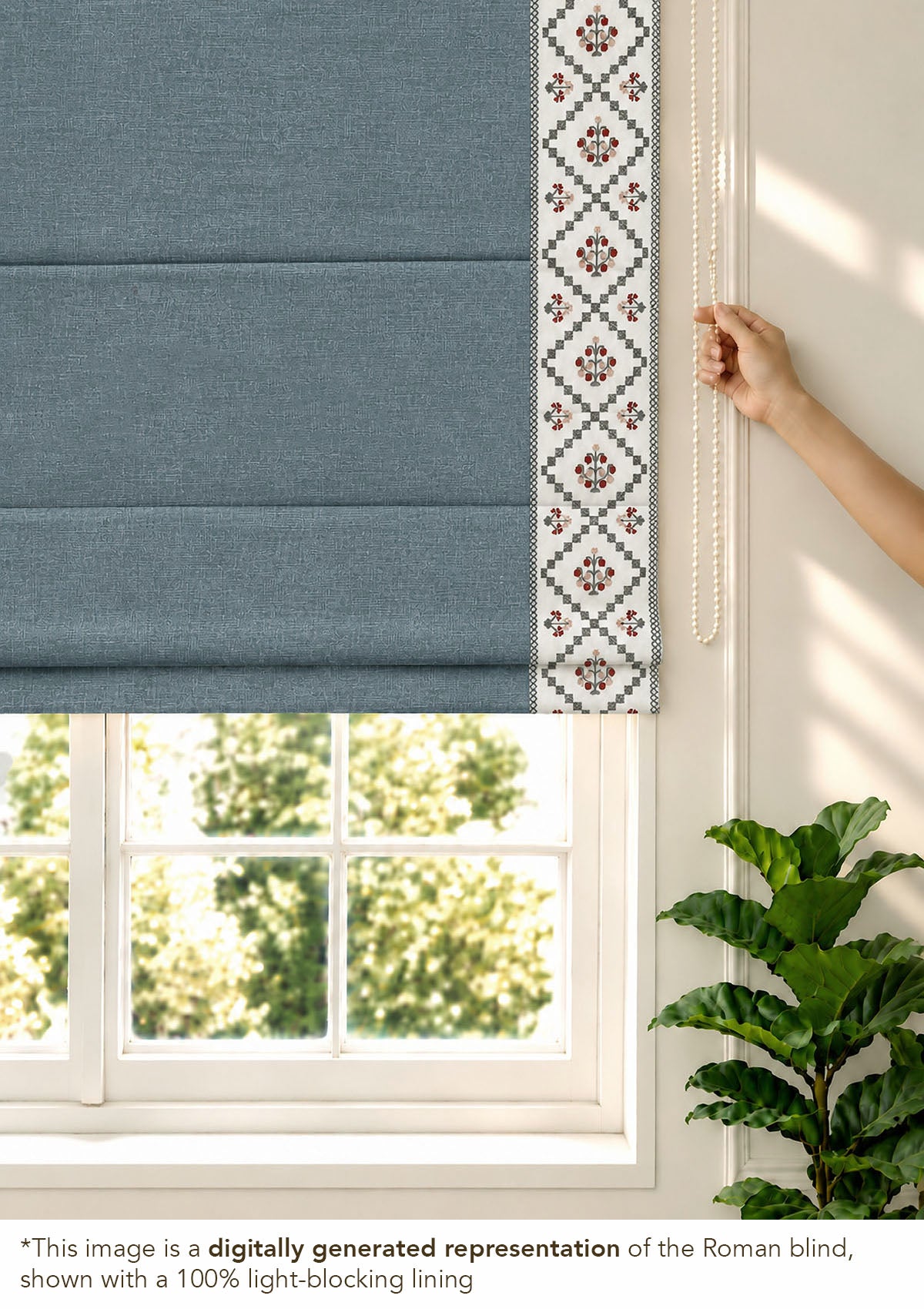 Ketaki Nilgiri Blue & Pink Geometric Linen Cotton Blend Embroidered Blind For Livingroom / Bedroom | Room Darkening