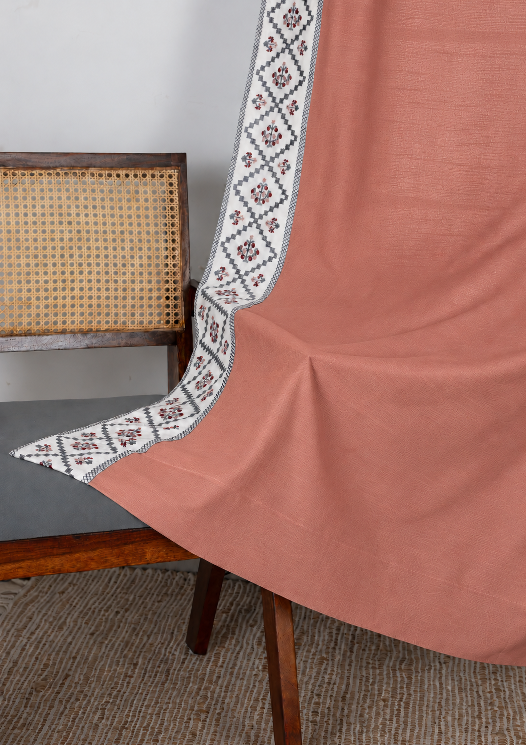 Ketaki Rust Blue & Pink Geometric 100% Cotton Embroidered Curtain For Livingroom / Bedroom | Room Darkening | Single Piece