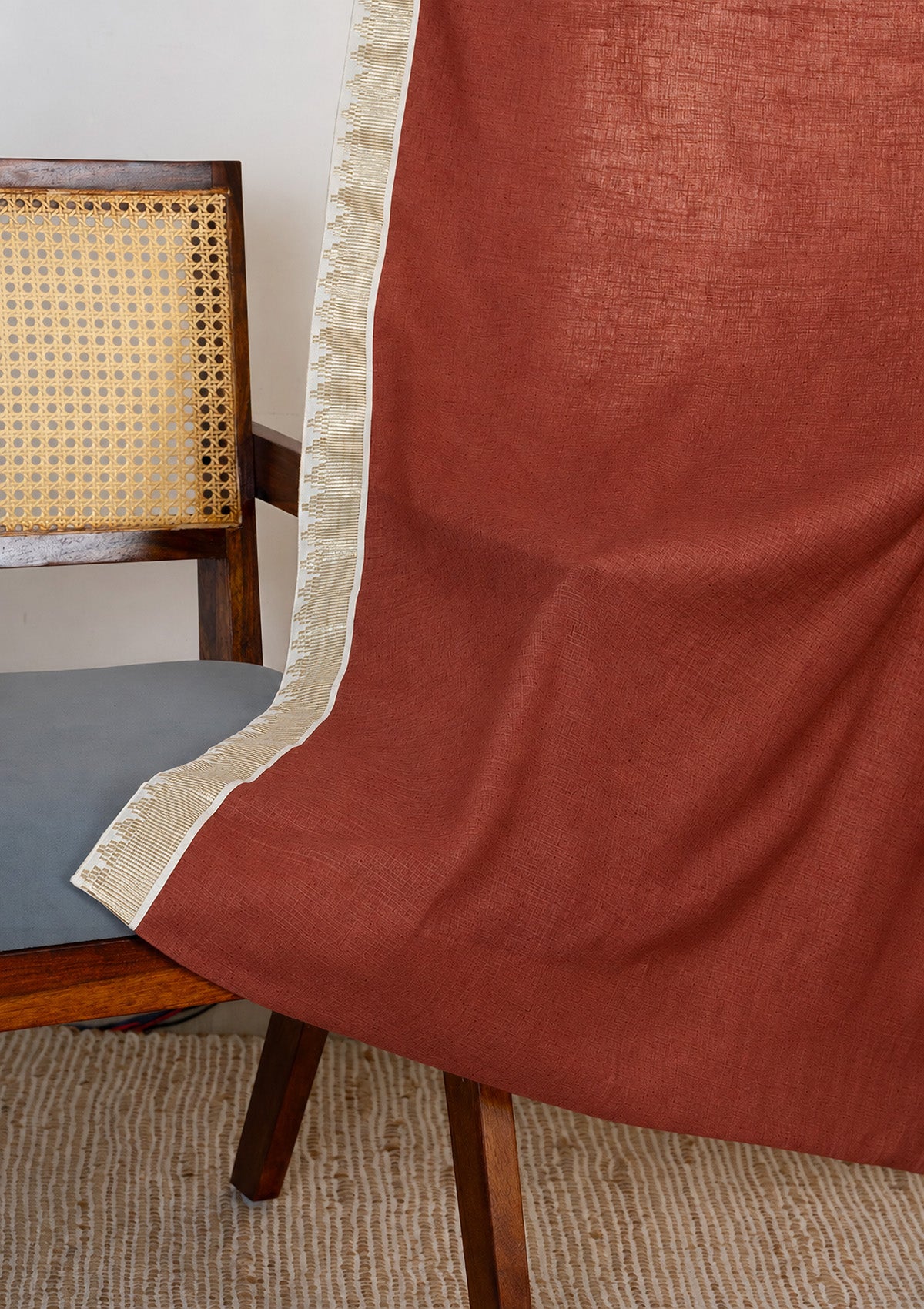 Kinari Brick Red & Gold Ethnic 100% Cotton Textured Curtain For Livingroom / Bedroom | Room Darkening | Single Piece