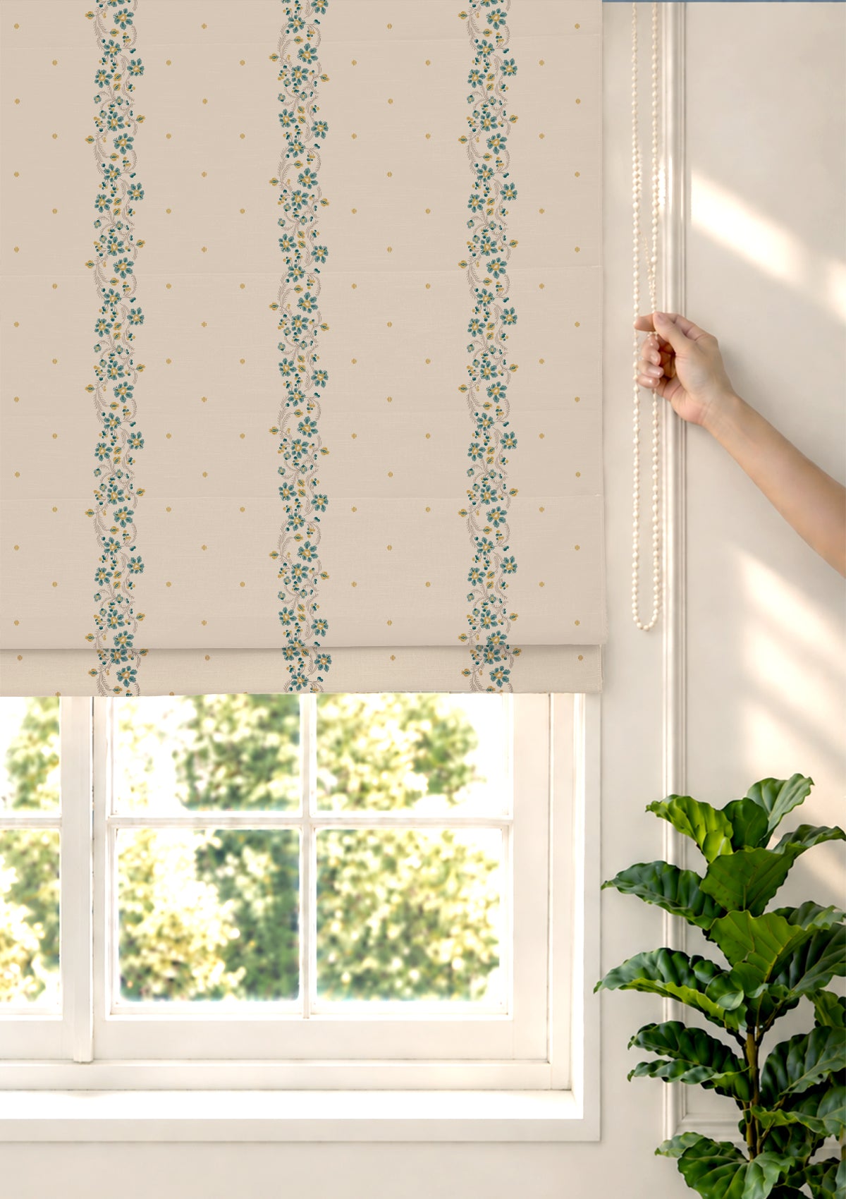 Kodi Teal Floral 100% Cotton Sheer Printed Blind For Livingroom / Bedroom | Light Filtering