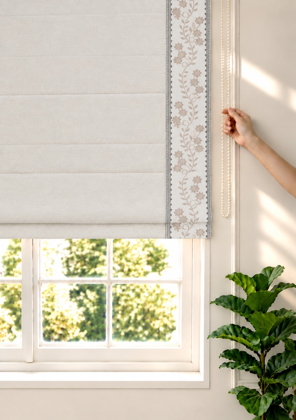 Mogra Beige & Brown Floral 100% Cotton Embroidered Blind For Livingroom / Bedroom | Light Reduction