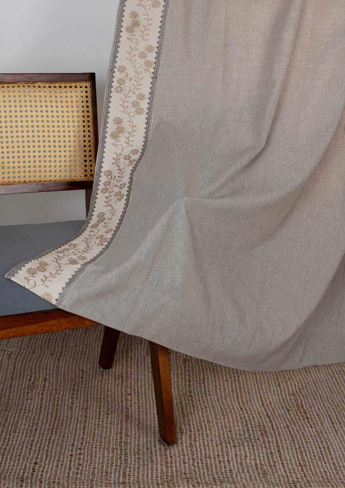 Mogra Elephant Grey & Brown Floral Linen Cotton Blend Embroidered Curtain For Livingroom / Bedroom | Room Darkening | Single Piece