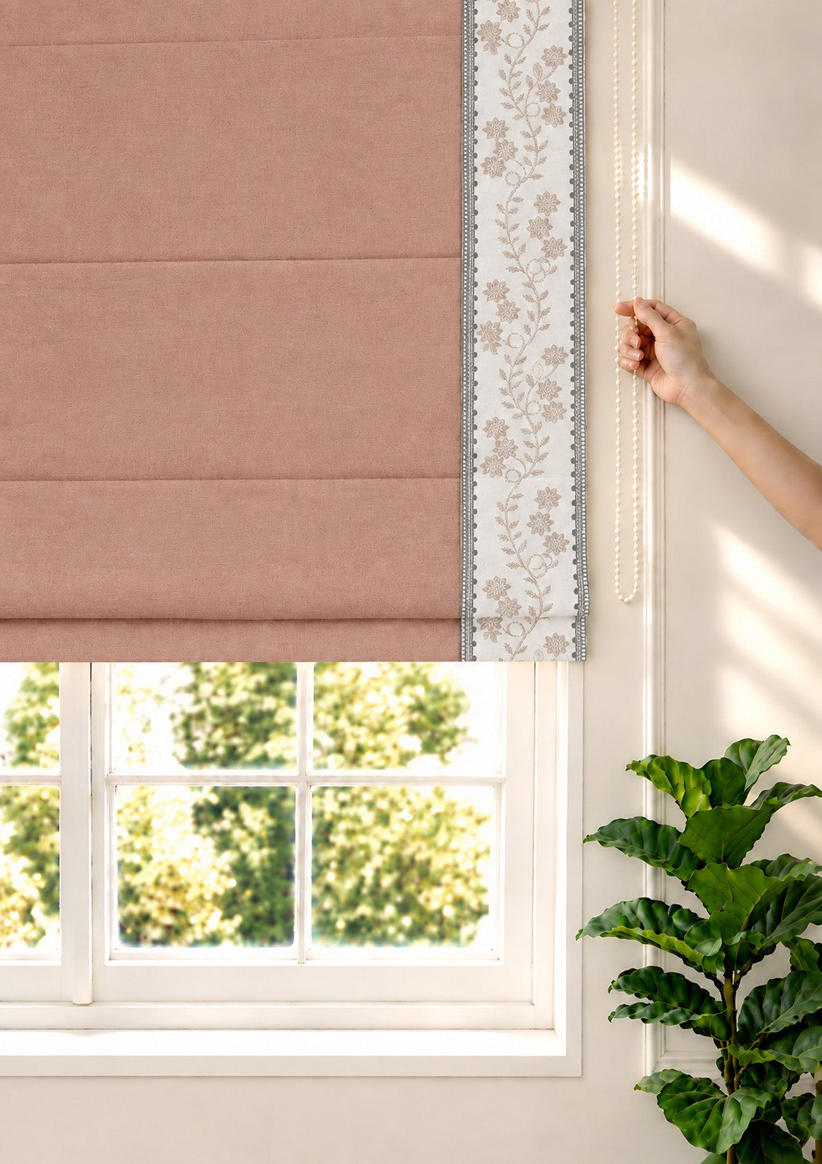 Mogra Mahogany Brown & Grey Floral 100% Cotton Embroidered Blind For Livingroom / Bedroom | Room Darkening