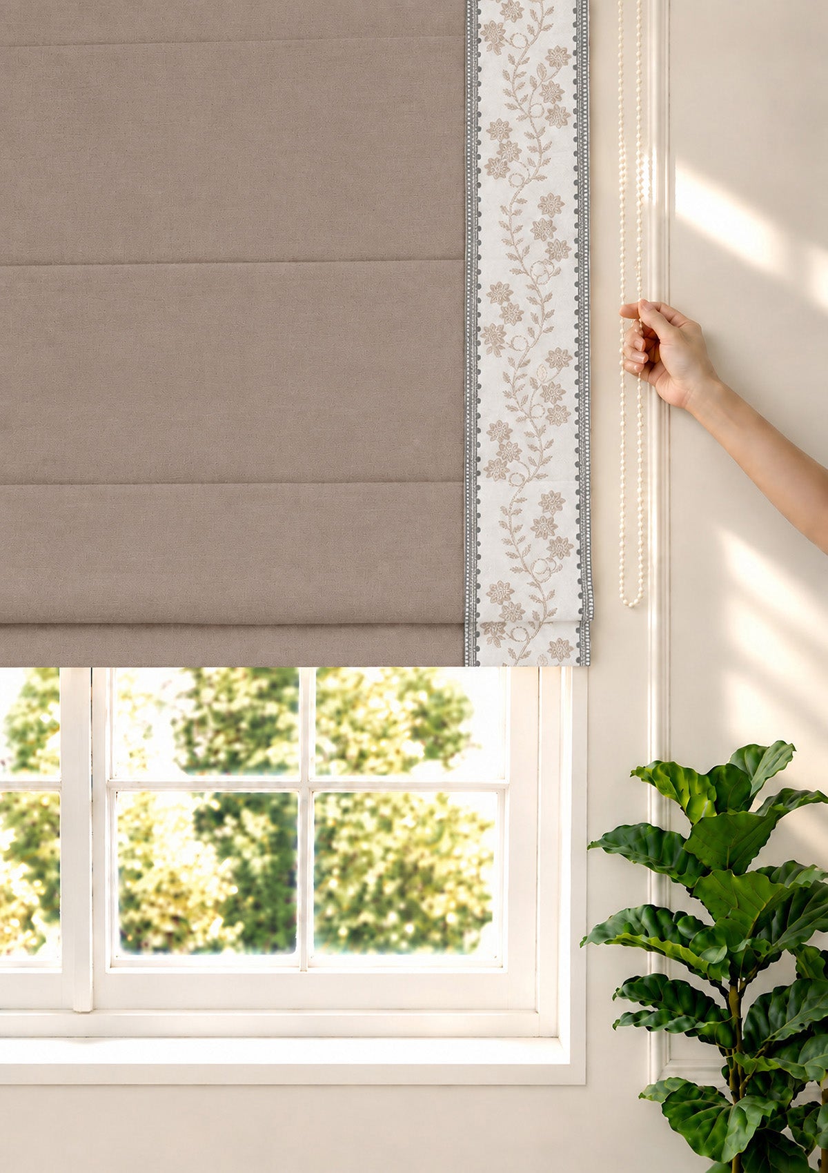 Mogra Walnut Grey & Brown Floral 100% Cotton Embroidered Blind For Livingroom / Bedroom | Room Darkening