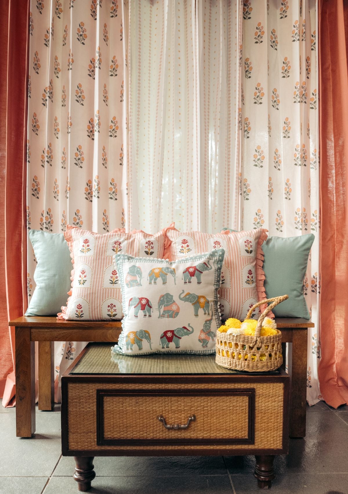 Parijatha Floral printed 100% Cotton Curtain for Living Room and Bedroom - Light Reduction - Rust and Mustard - Single Piece