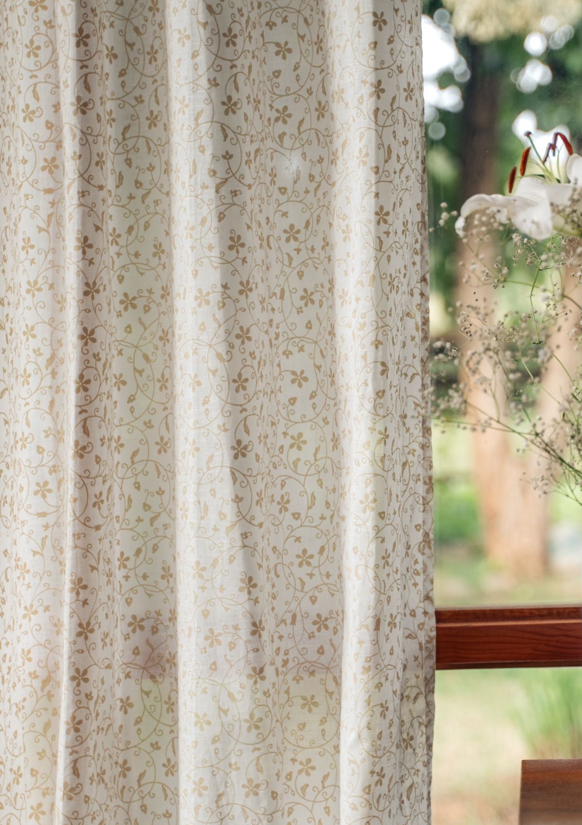 Sandalwood floral 100% cotton sheer curtain for living room - Light filtering - Ivory - Single Piece