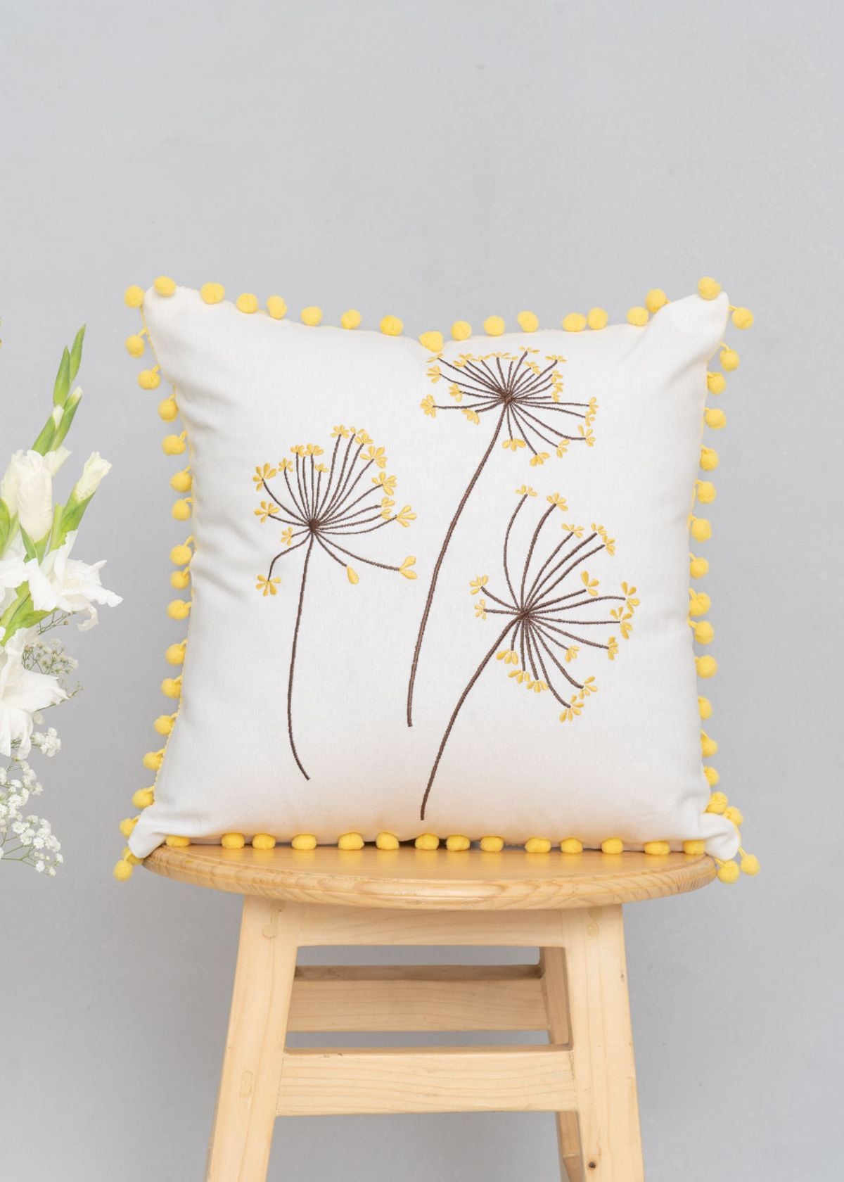 Dancing Dandelion embroidered cotton cushion cover with tassels for sofa - Yellow