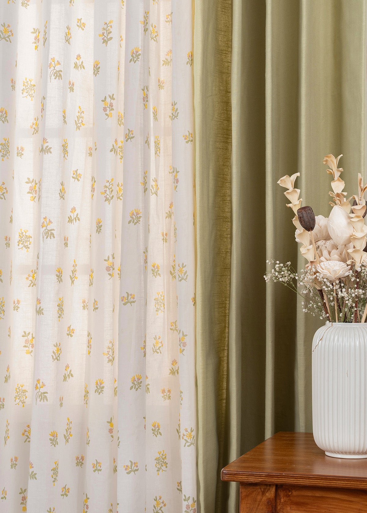 Herb Green Solid Room-Darkening & Posy Yellow Floral Sheer - 100% Cotton Curtains for Living Room & Bedroom - Pack of 4