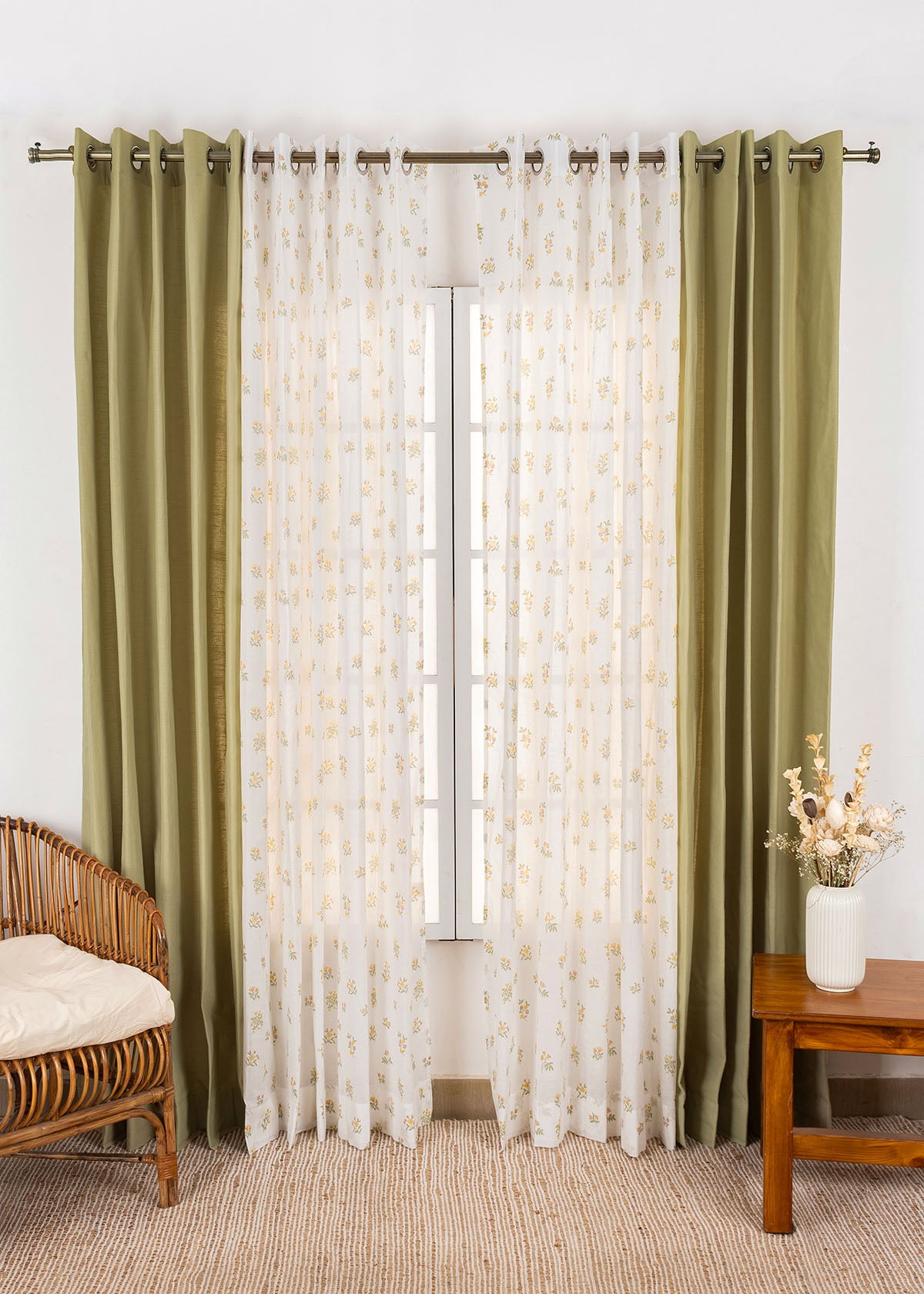 Herb Green Solid Room-Darkening & Posy Yellow Floral Sheer - 100% Cotton Curtains for Living Room & Bedroom - Pack of 4