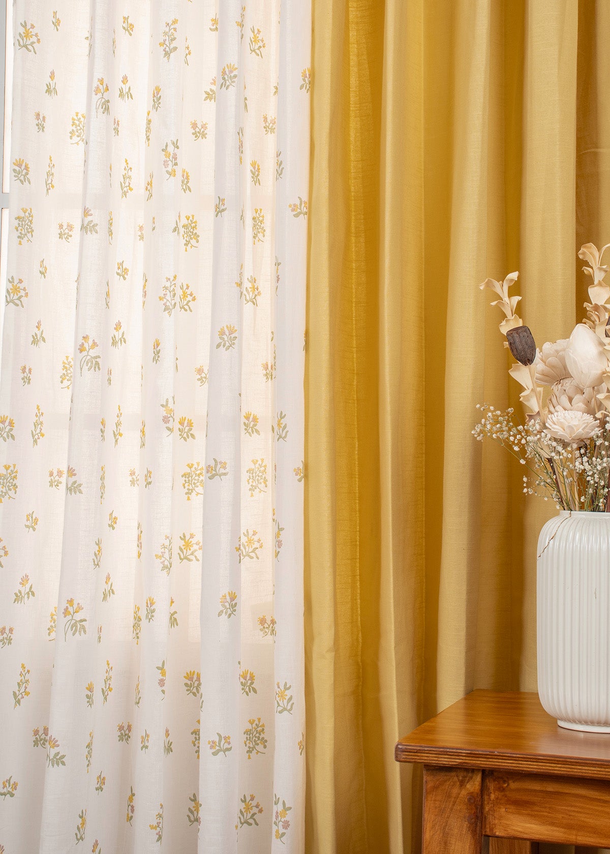 Dusky Yellow Solid Room-Darkening & Posy Floral Sheer - 100% Cotton Curtains for Living Room & Bedroom - Dusky Yellow - Pack of 4