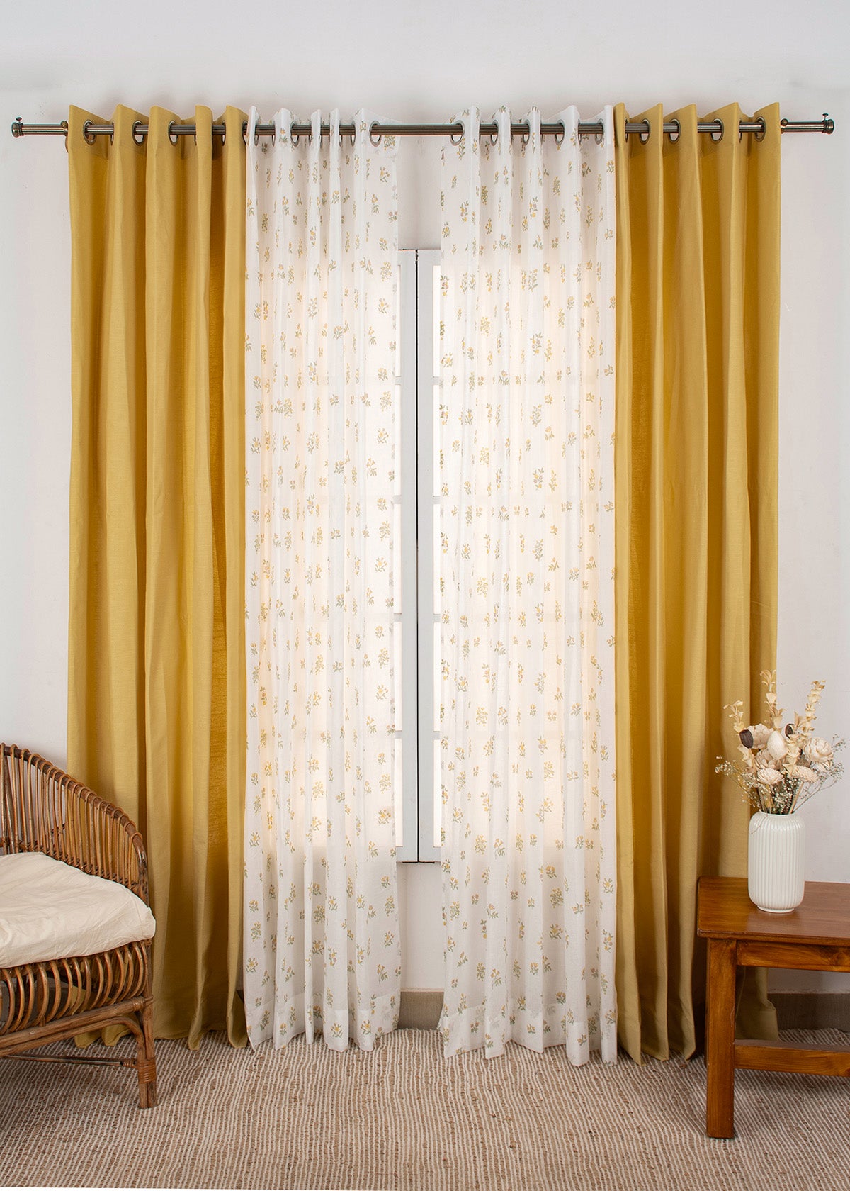 Dusky Yellow Solid Room-Darkening & Posy Floral Sheer - 100% Cotton Curtains for Living Room & Bedroom - Dusky Yellow - Pack of 4