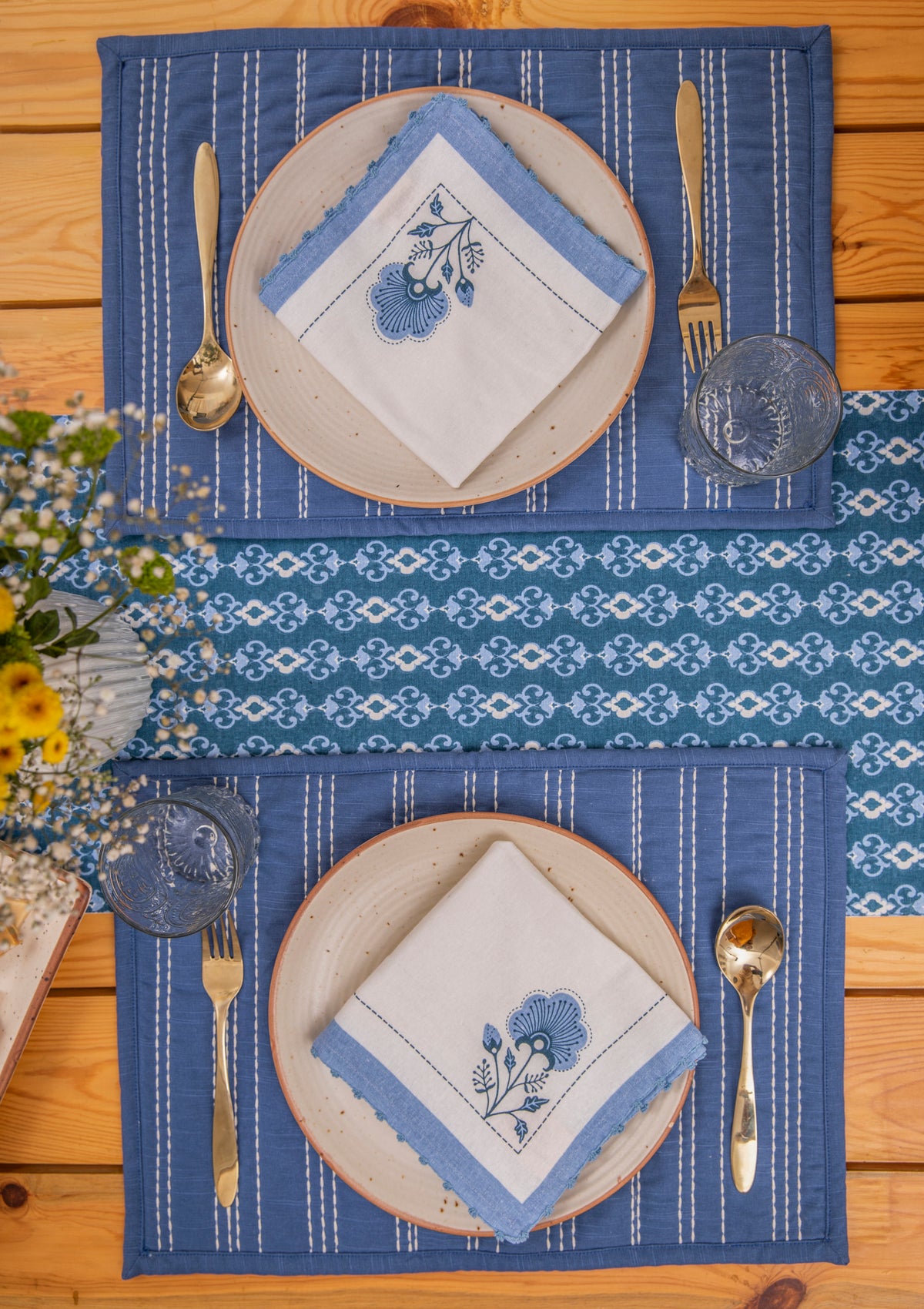 Azure 100% cotton elegant table runner for 4 seater or 6 seater Dining with tassels - Night blue