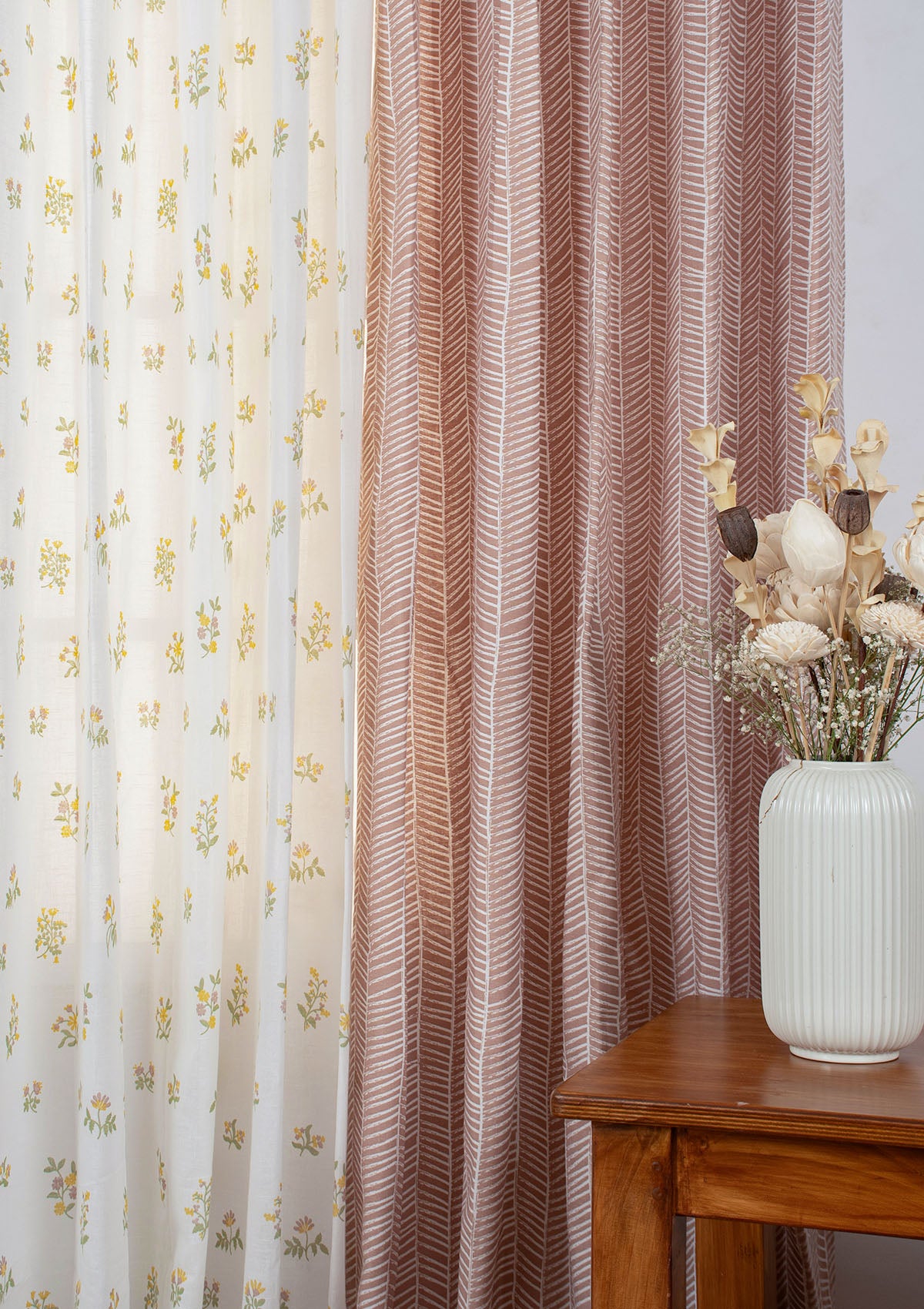 Rustle Mahogany Geometric Room-Darkening (Rust) & Posy Yellow Floral Sheer - 100% Cotton for Living Room & Bedroom - Pack of 4