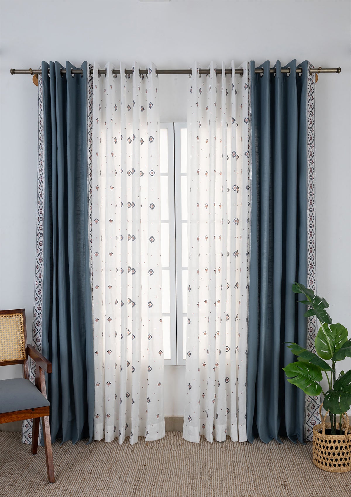 Ketaki Embroidered Cotton Room Darkening & Ira Embroidered Sheer Light Filtering | Mist Blue & Pink | 100% Cotton for Living Room & Bedroom | Geometric & Ethnic | Combo Curtains | Pack of 4
