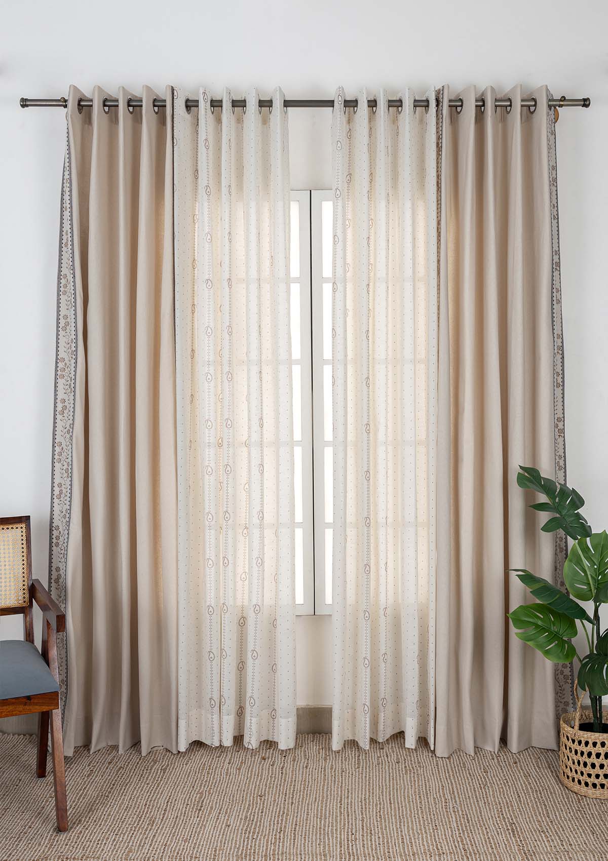 Mogra Embroidered Cotton Light Reduction & Ambi Printed Sheer Light Filtering | Beige & Brown| 100% Cotton for Living Room & Bedroom | Floral & Ethnic | Combo Curtains | Pack of 4