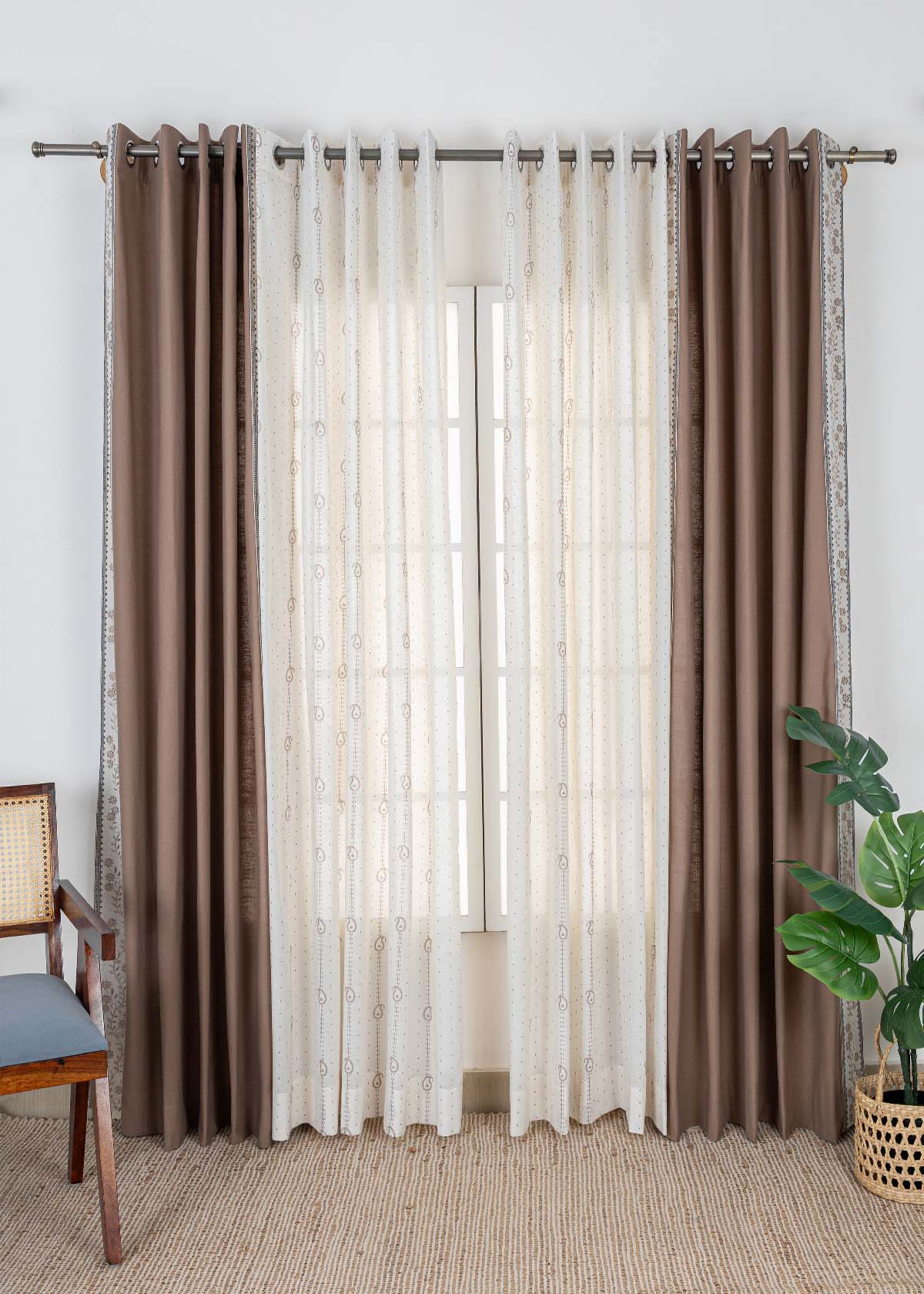 Mogra Embroidered Cotton Room Darkening & Ambi Printed Sheer Light Filtering | Brown & Grey | 100% Cotton for Living Room & Bedroom | Floral & Ethnic | Combo Curtains | Pack of 4