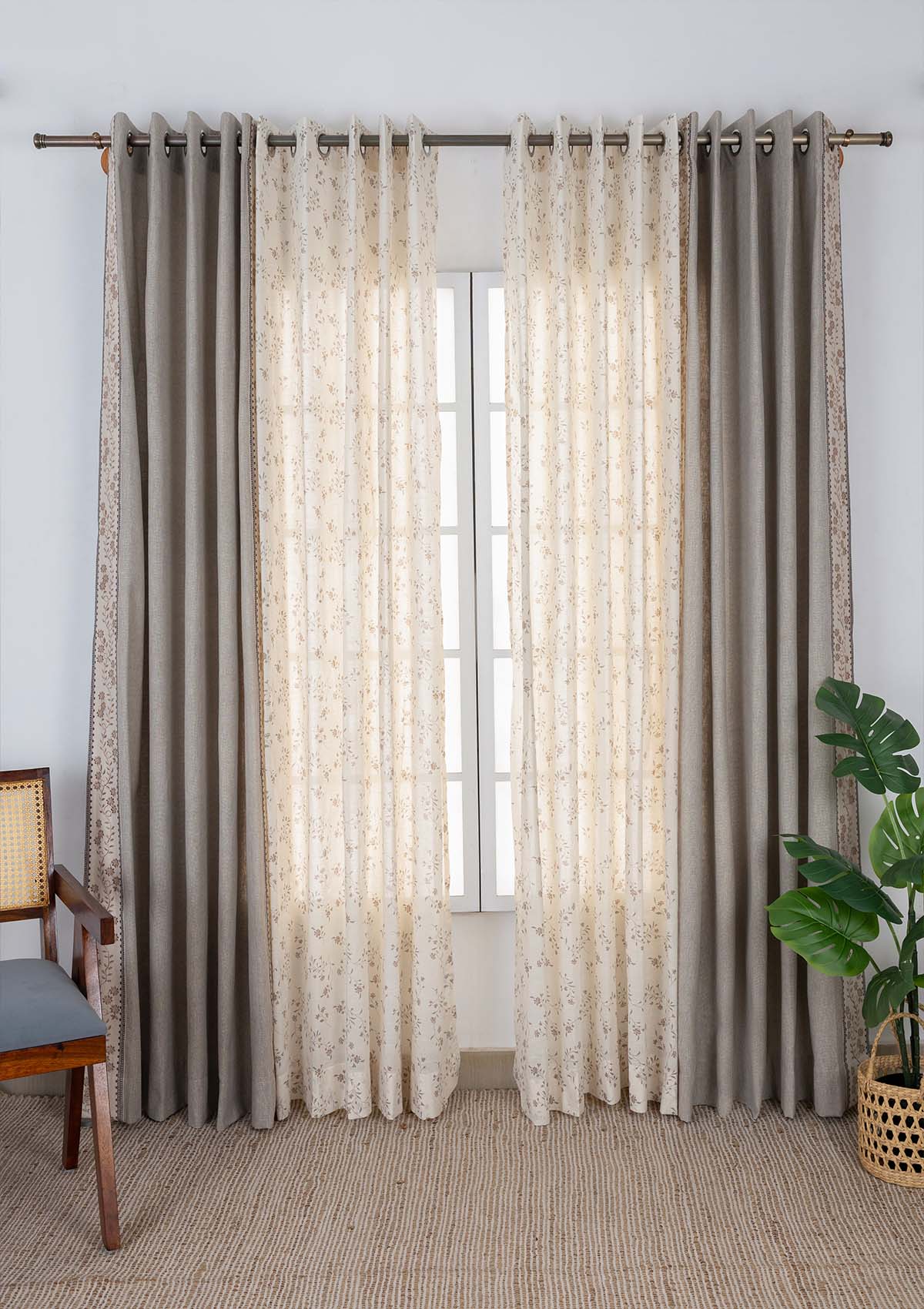 Mogra Embroidered Linen Cotton Room Darkening & Field Printed Sheer Room Darkening | Elephant Grey & Brown | 100% Cotton for Living Room & Bedroom | Floral | Combo Curtains | Pack of 4