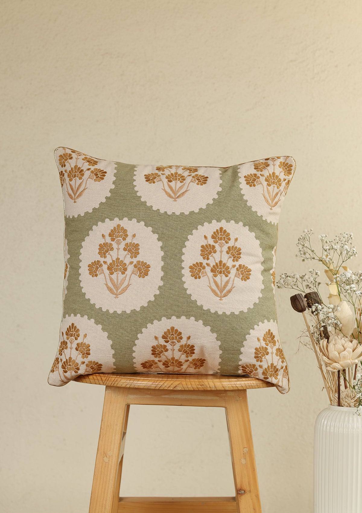 Nargis & Loom Green & Beige | Embroidered Linen Floral | 100% Cotton Cushion Cover For Sofa | Pack of 2