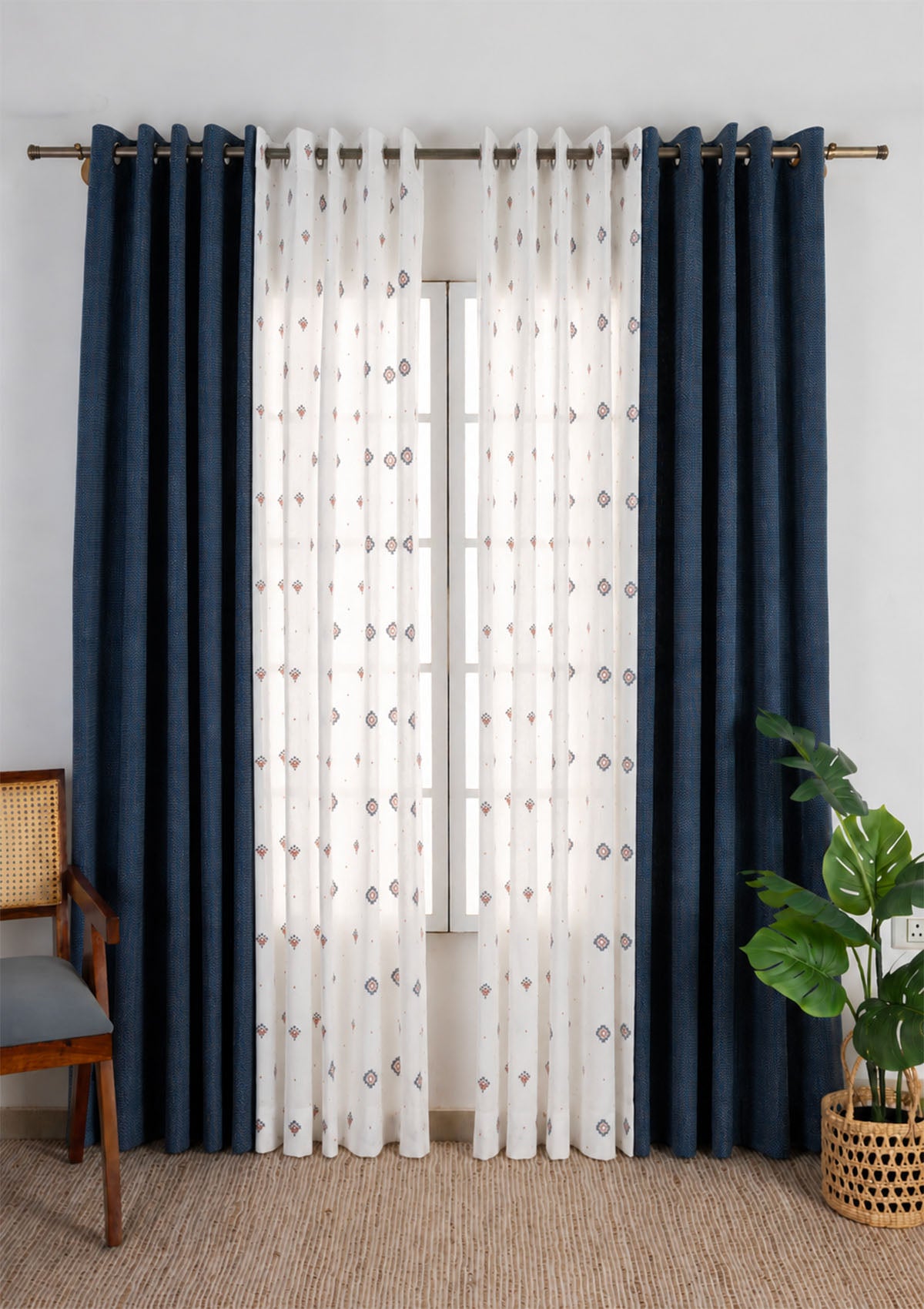 Pacific Textured Cotton Room Darkening & Ira Embroidered Sheer Light Filtering | Pink & Blue | 100% Cotton for Living Room & Bedroom | Ethnic | Combo Curtains | Pack of 4