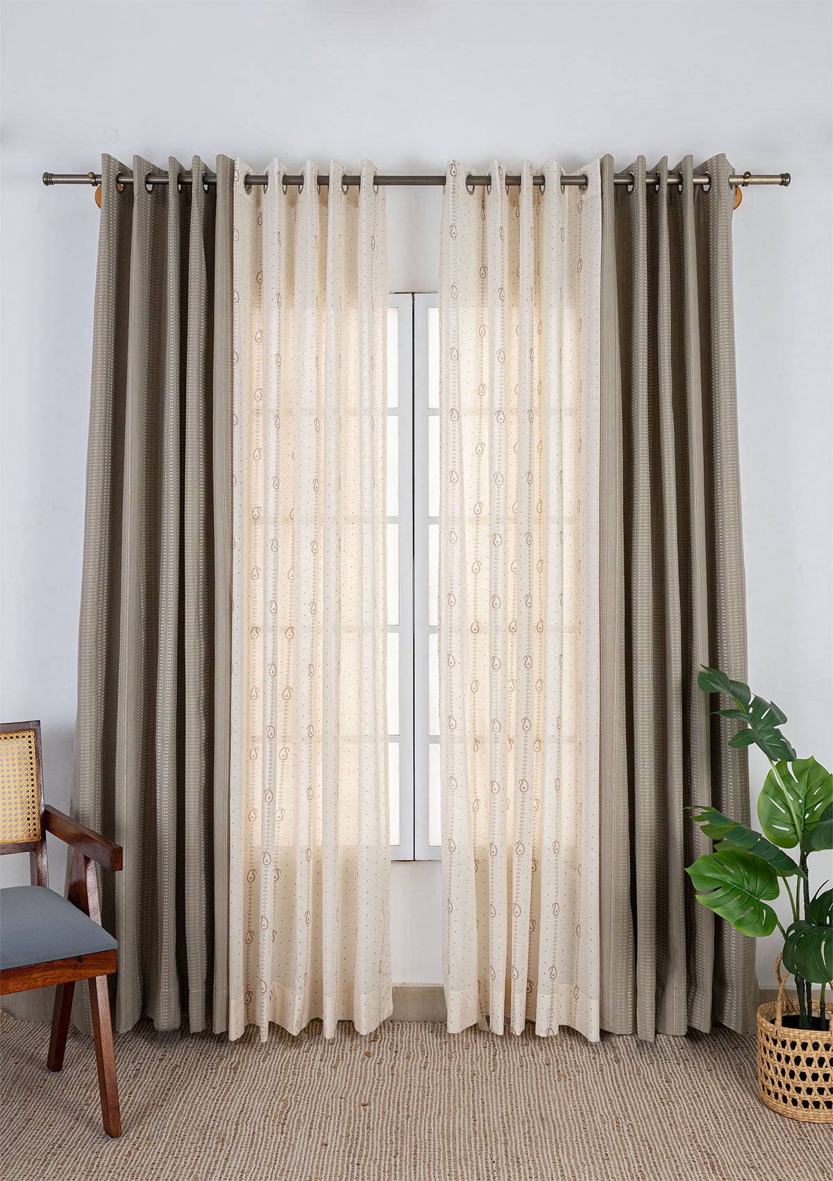 Zia Textured Cotton Room Darkening & Ambi Printed Sheer Light Filtering | Brown & Grey | 100% Cotton for Living Room & Bedroom | Neutral & Ethnic | Combo Curtains | Pack of 4