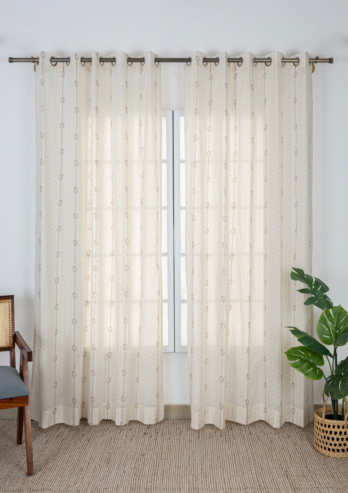 Ambi Brown & Grey Ethnic 100% Cotton Sheer Printed Curtain For Livingroom / Bedroom | Light Filtering | Single Piece