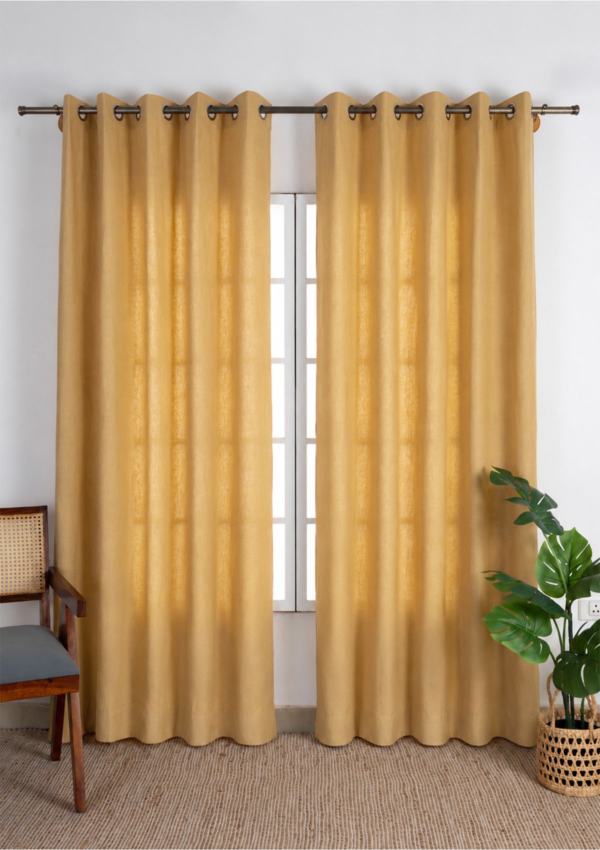 Honey Yellow Mustard Solid Linen Cotton Blend Textured Curtain For Livingroom / Bedroom | Room Darkening | Single Piece
