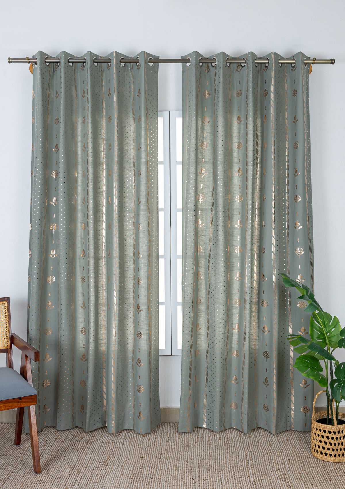 Iniya Green & Copper Ethnic 100% Cotton Copper Printed Curtain For Livingroom / Bedroom | Room Darkening | Single Piece