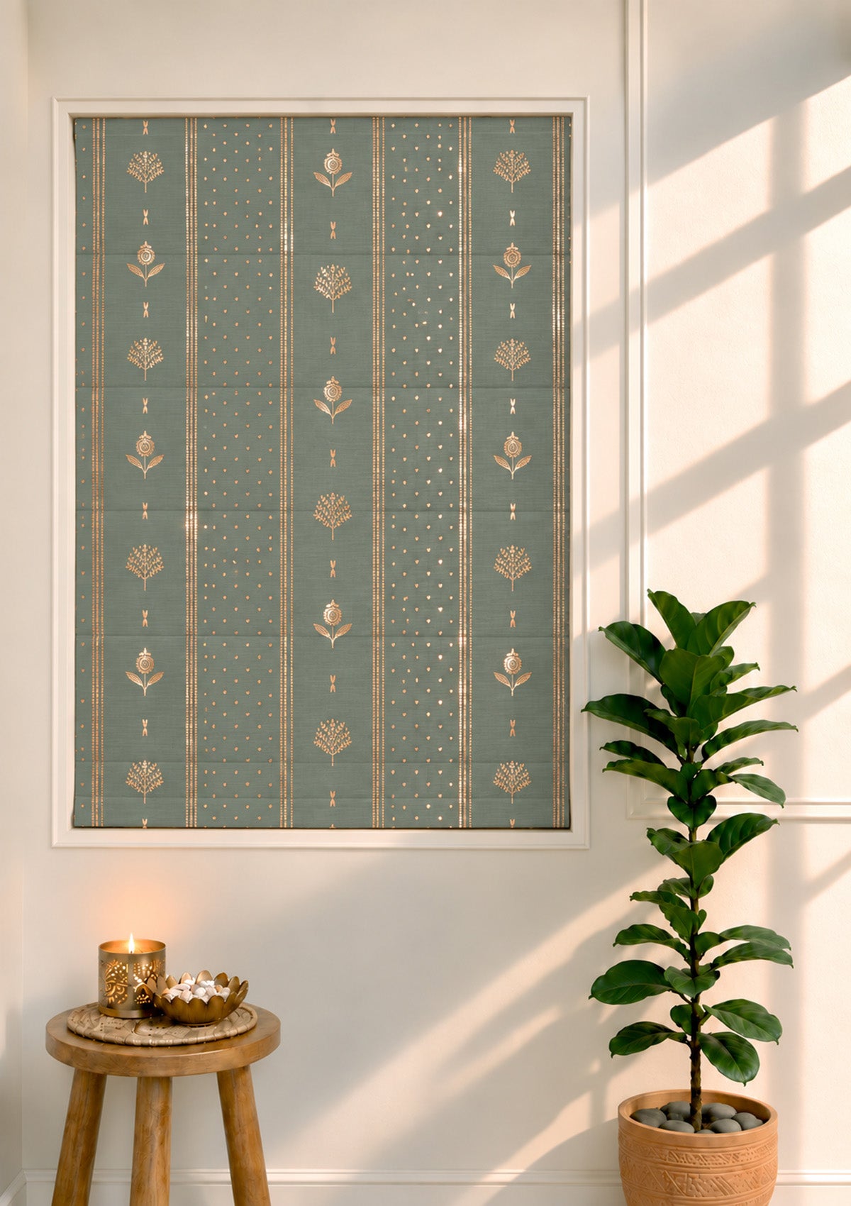 Iniya Green & Copper Ethnic 100% Cotton Printed Blind For Livingroom / Bedroom | Room Darkening