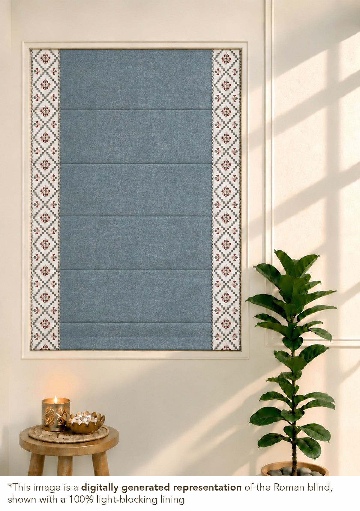 Ketaki Nilgiri Blue & Pink Geometric Linen Cotton Blend Embroidered Blind For Livingroom / Bedroom | Room Darkening