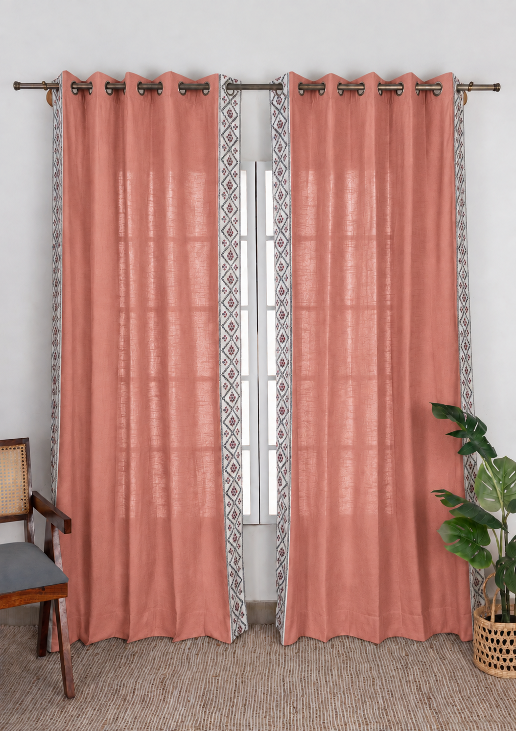 Ketaki Rust Blue & Pink Geometric 100% Cotton Embroidered Curtain For Livingroom / Bedroom | Room Darkening | Single Piece