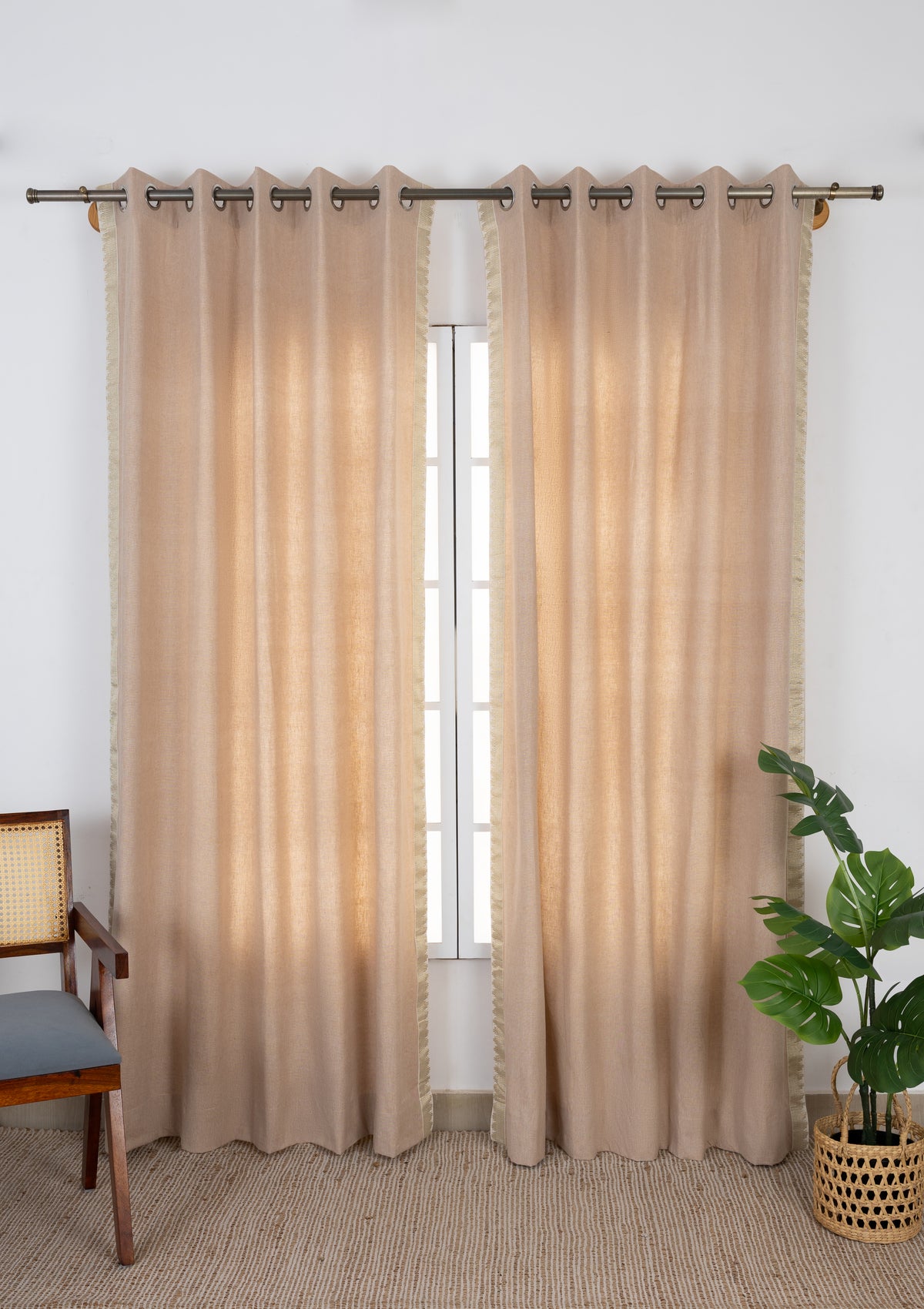 Kinari Pink Sand & Gold Ethnic Linen Cotton Blend Textured Curtain For Livingroom / Bedroom | Room Darkening | Single Piece