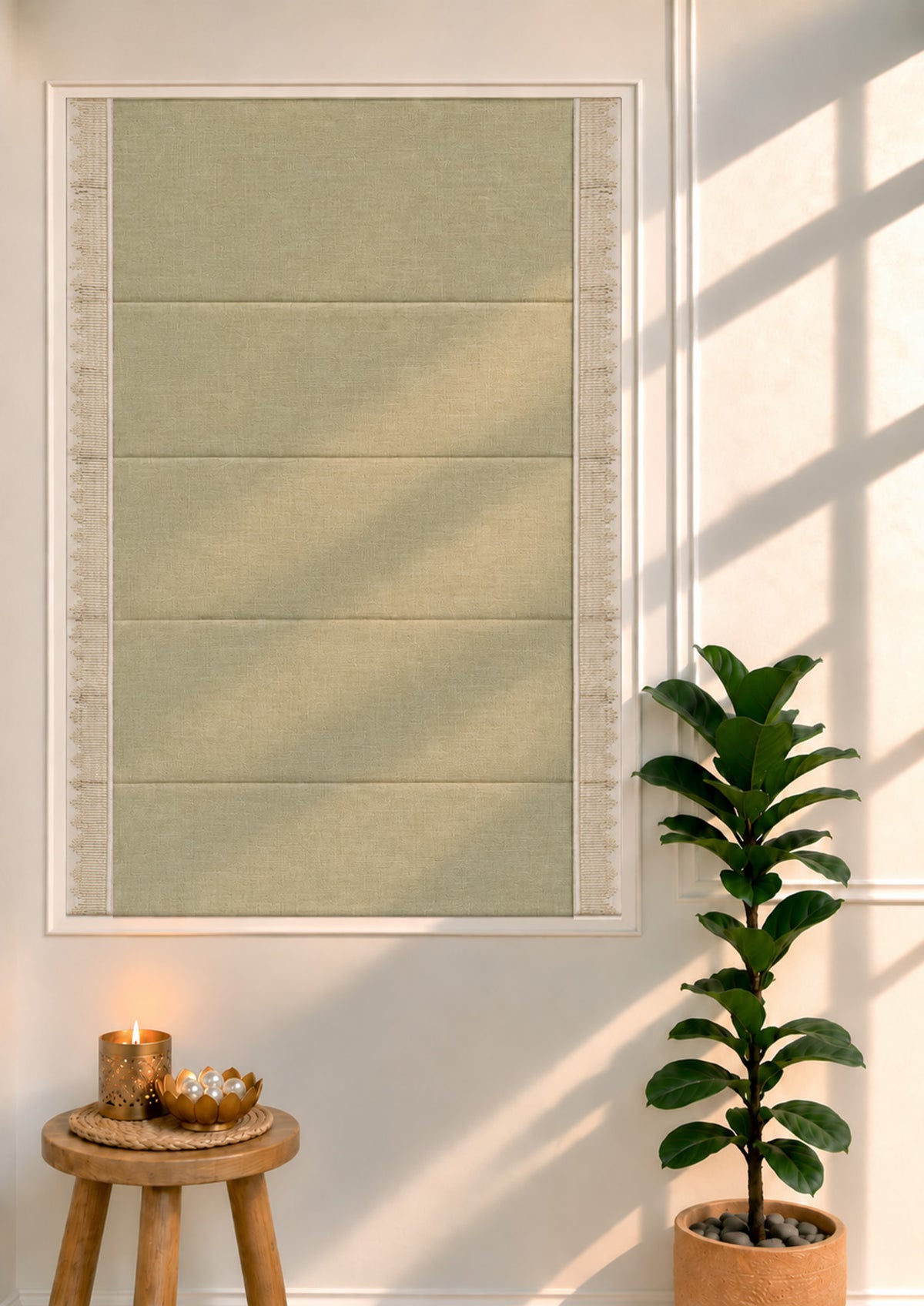 Kinari Herb Green & Gold Ethnic 100% Cotton Textured Blind For Livingroom / Bedroom | Room Darkening