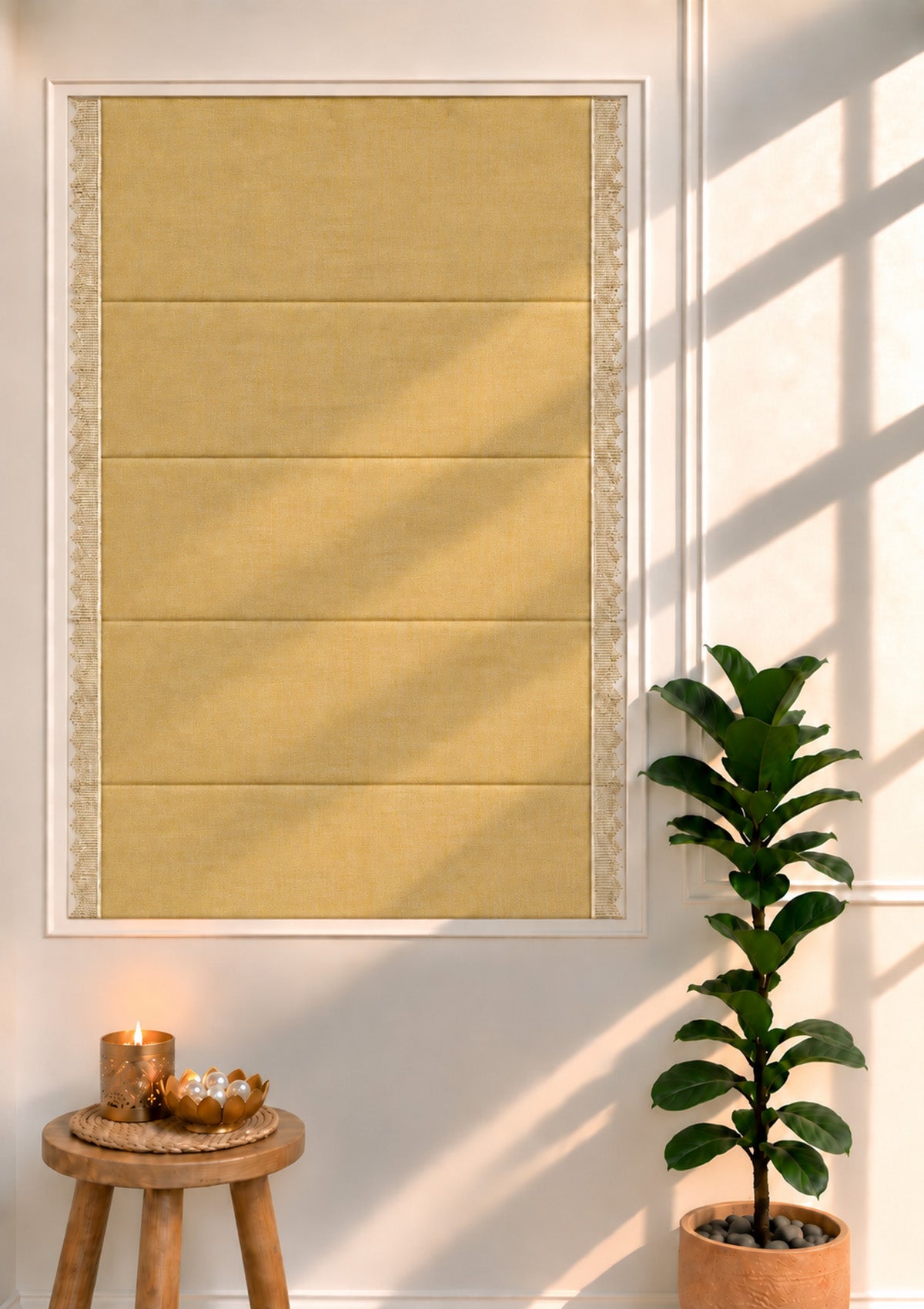 Kinari Honey Yellow & Gold Ethnic Linen Cotton Blend Textured Blind For Livingroom / Bedroom | Room Darkening