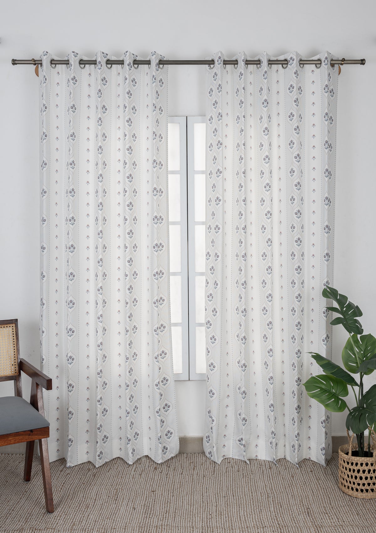 Meher Blue Floral 100% Cotton Printed Curtain For Livingroom / Bedroom | Light Reduction | Single Piece